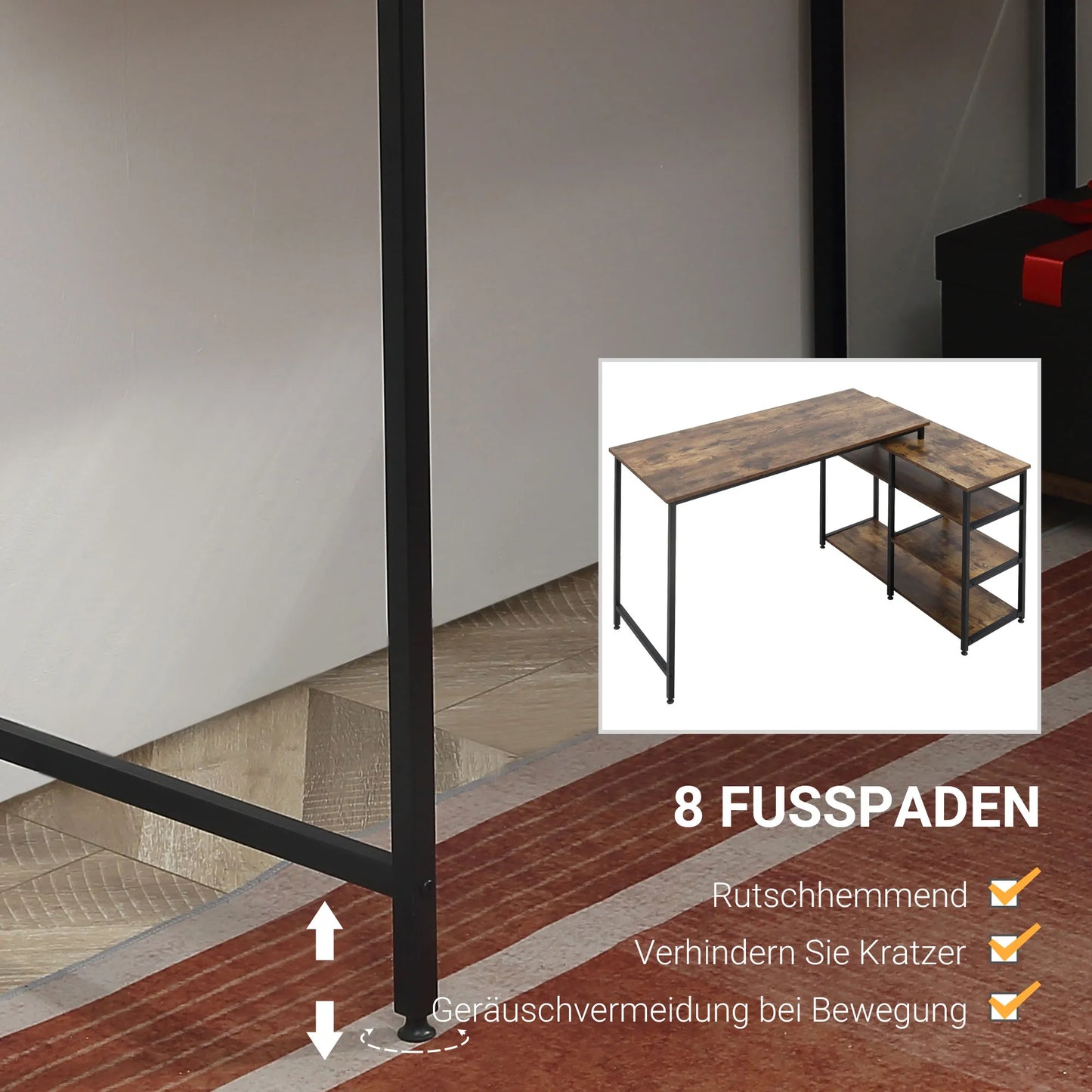 Kampinis rašomasis stalas, kompiuterio stalas, biuro stalas su lentyna ir stalčiumi, L formos, MDP, metalas, rudos spalvos, 135 x 90 x 79 cm