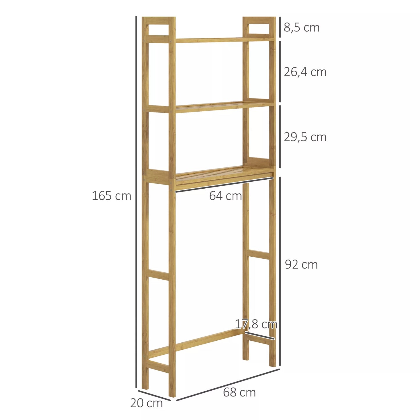 Vonios lentyna, lentyna virš tualeto, 3 lentynos, atspari vandeniui, 68 cm x 20 cm x 165 cm, natūrali