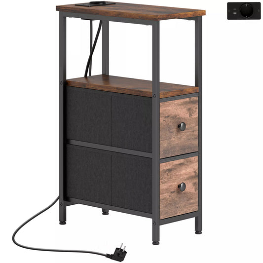 Staliukas su įkrovimo stotele, plieninis rėmas, 2 audinio stalčiai, atvira dėžė, 20 cm x 40 cm x 63 cm, rusvi