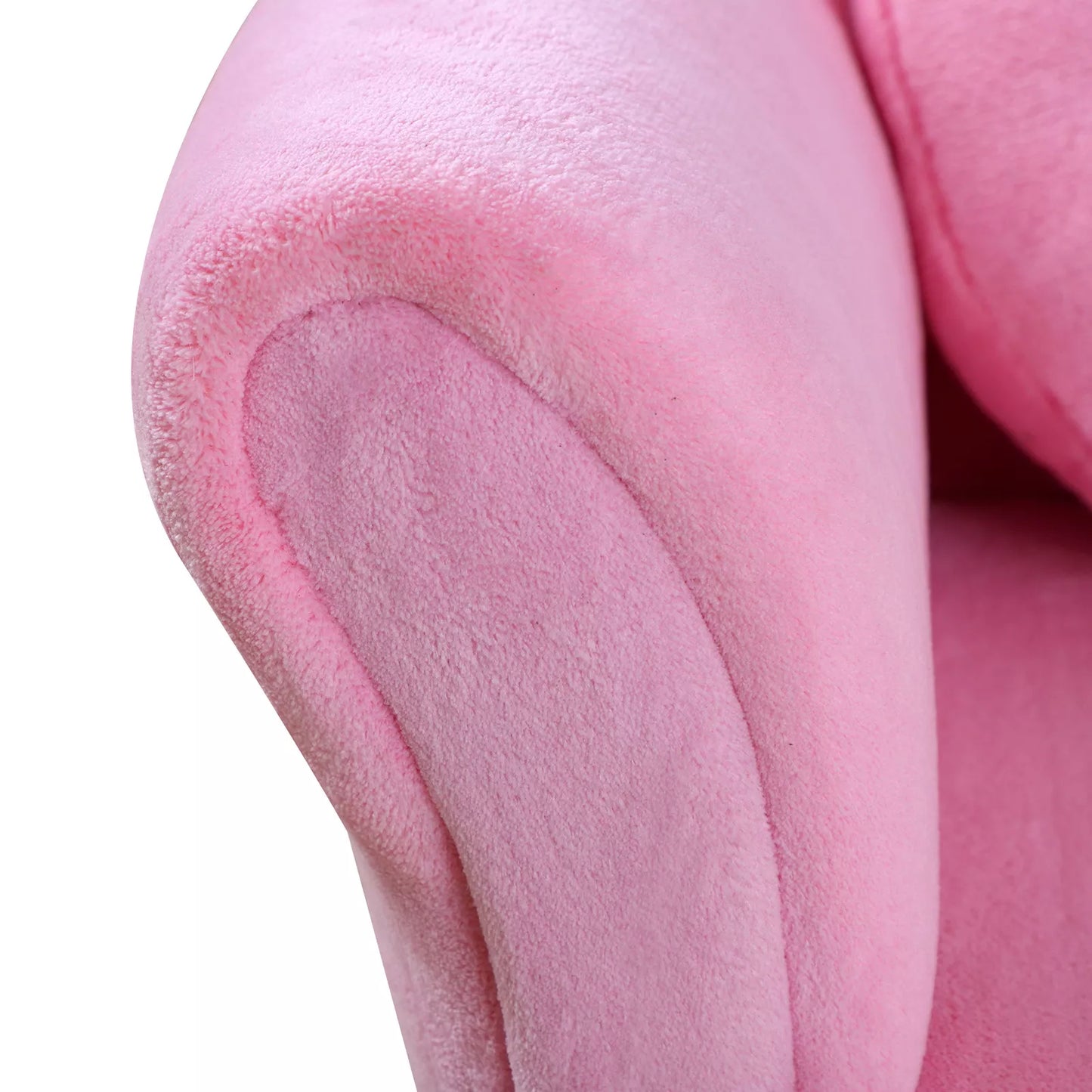 Vaikiška kėdė-sofa su koralinio pūkelio išvaizda, tvirtomis medinėmis kojelėmis. Putplasčio kėdė vaikų kambariui, žaidimų kambariui, 90 x 53 x 48 cm, rožinė