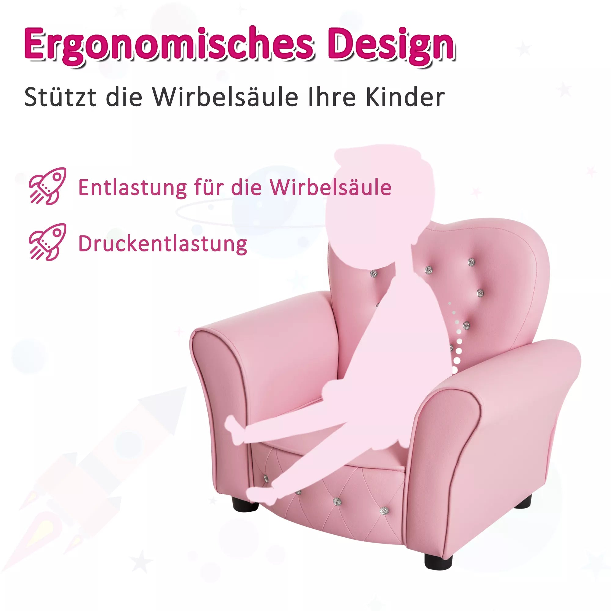 Ergonomiško vaikiško fotelio schema su vaiko figūra