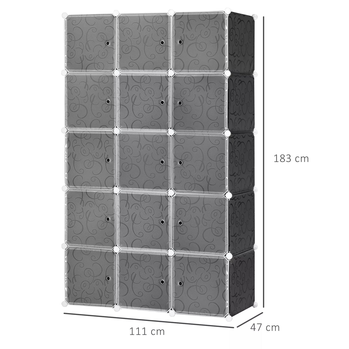 Drabužių spinta su kubo dizainu, 2 dideli ir 9 maži skyriai, plastikas, metalas, 111I x 47P x 183A cm, juoda+balta