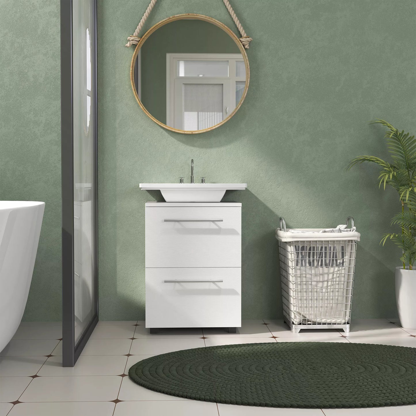 Vonios spintelė, praustuvo komoda su stalčiumi, kompaktiška, medžio drožlių plokštė, balta