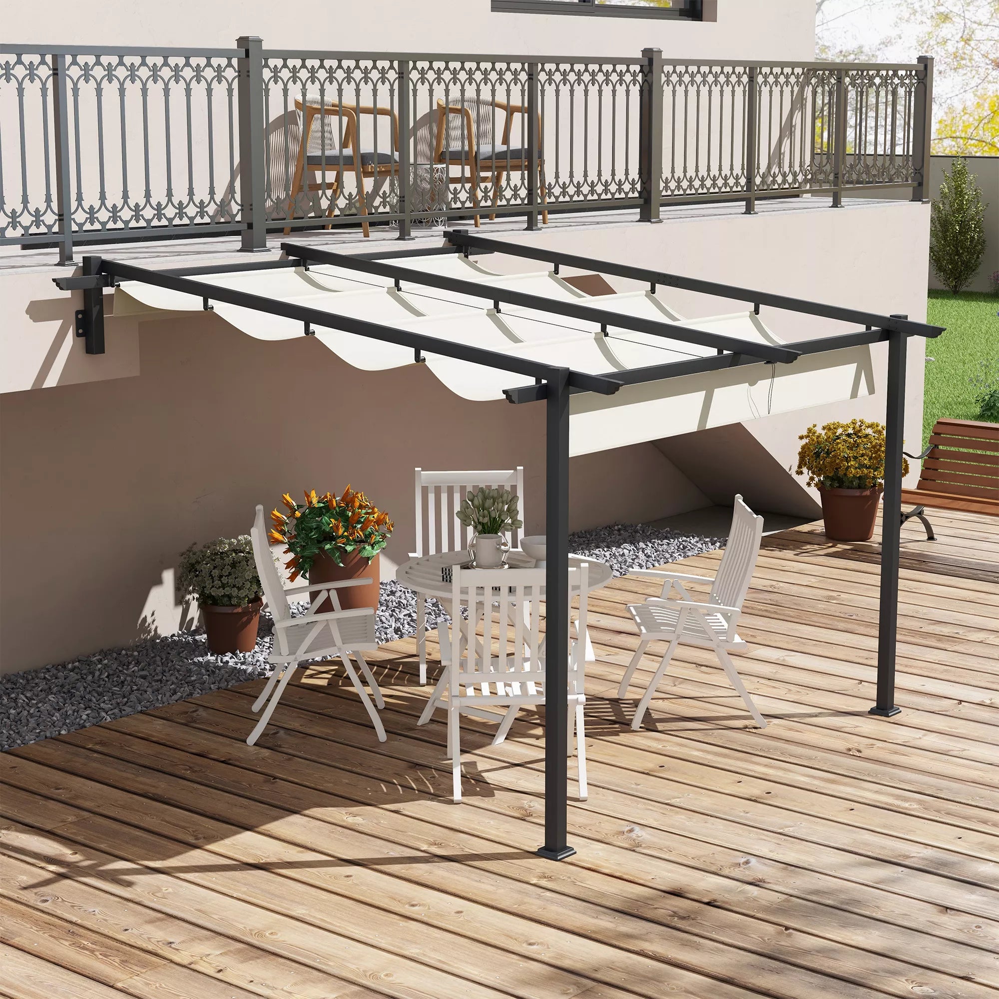 Paviljonas prie sienos su slankiojamu stogu, 3x3 m, kreminės baltos spalvos