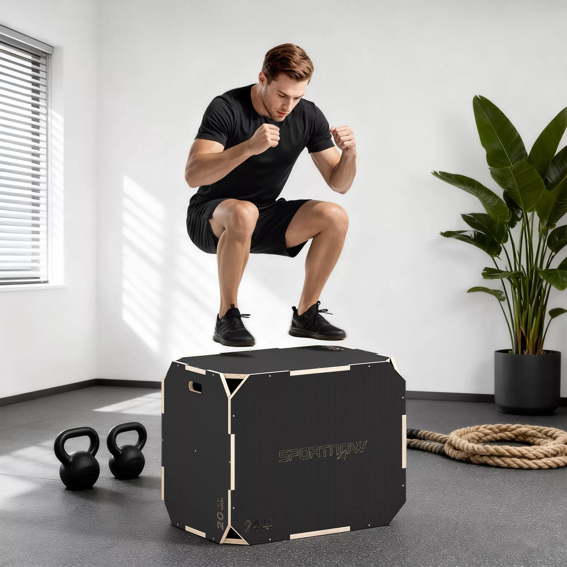 3-in-1 Plyo-Box, šokimo dėžė su rankenų angomis, skirta namų sportui ir treniruotėms lauke, 3 šokimo aukščiai, mediena, juoda