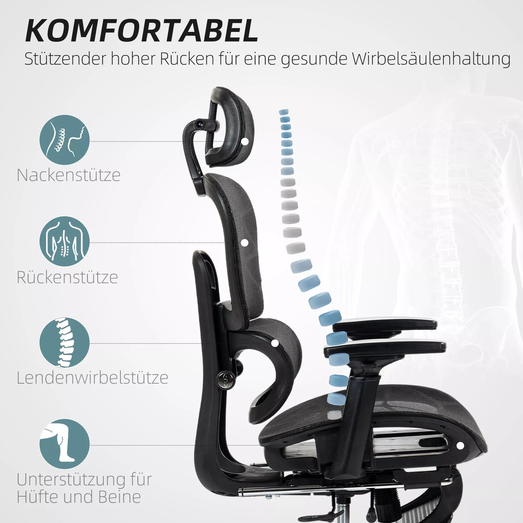 Infografika su juodos ergonominės biuro kėdės atramos taškais: kaklas, nugara, juosmuo, kojos