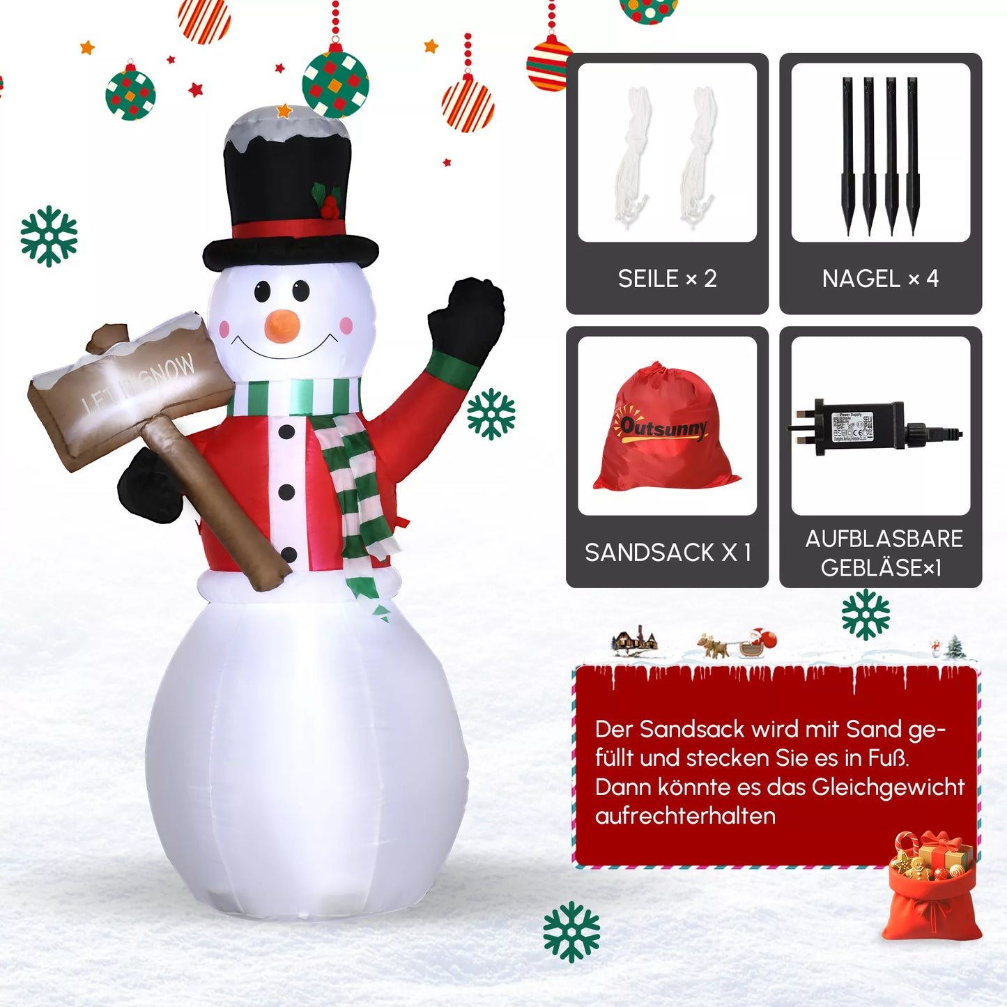 Pripučiamas sniego senis, lauko kalėdinė dekoracija, 1,80 m, Kalėdų senelis, su pūstuvu, daugiaspalvis