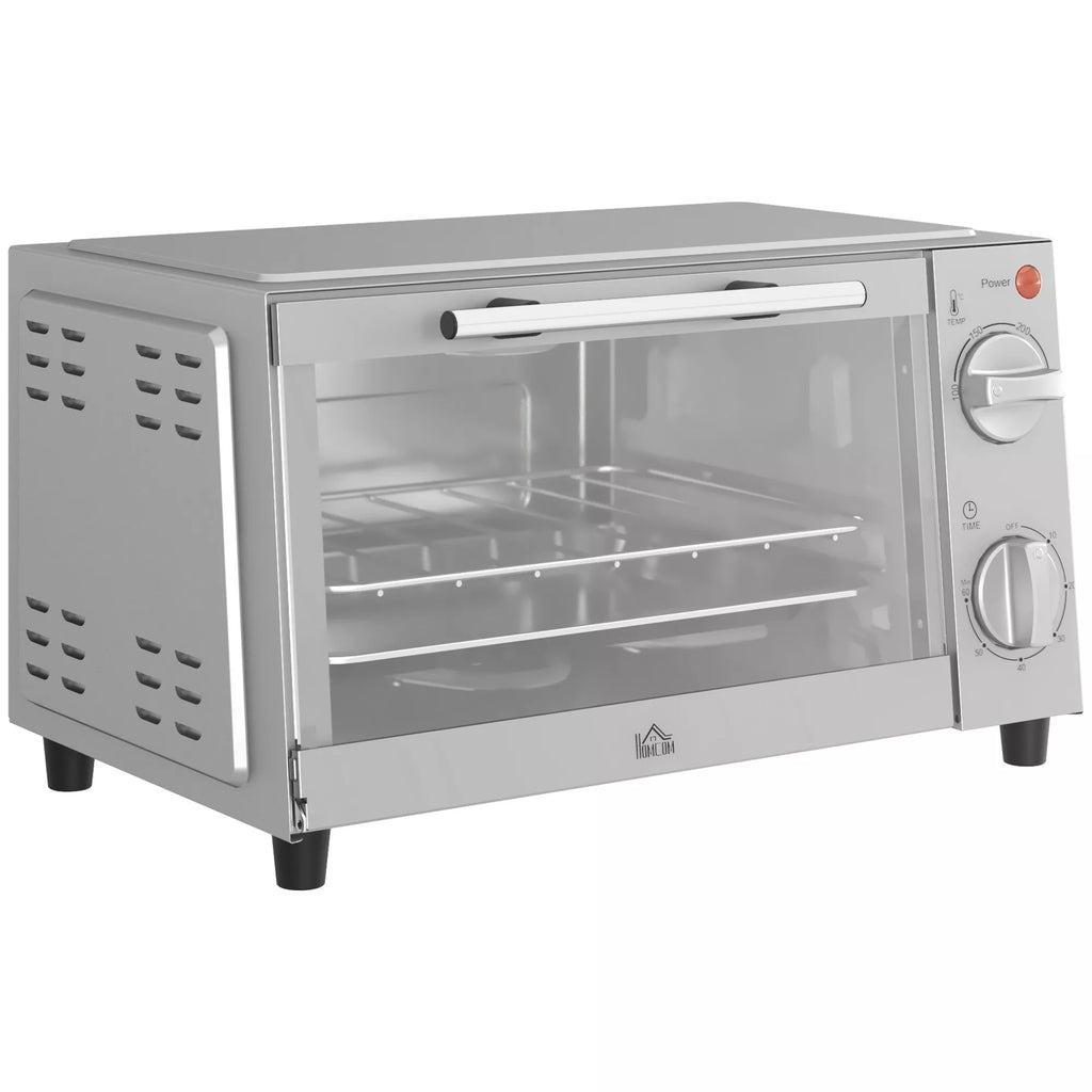 Mini orkaitė, 9 l Mini orkaitė su kepimo skarda, grotelėmis, reguliuojama temperatūra ir kepimo trukme, nerūdijantis plienas, sidabrinė