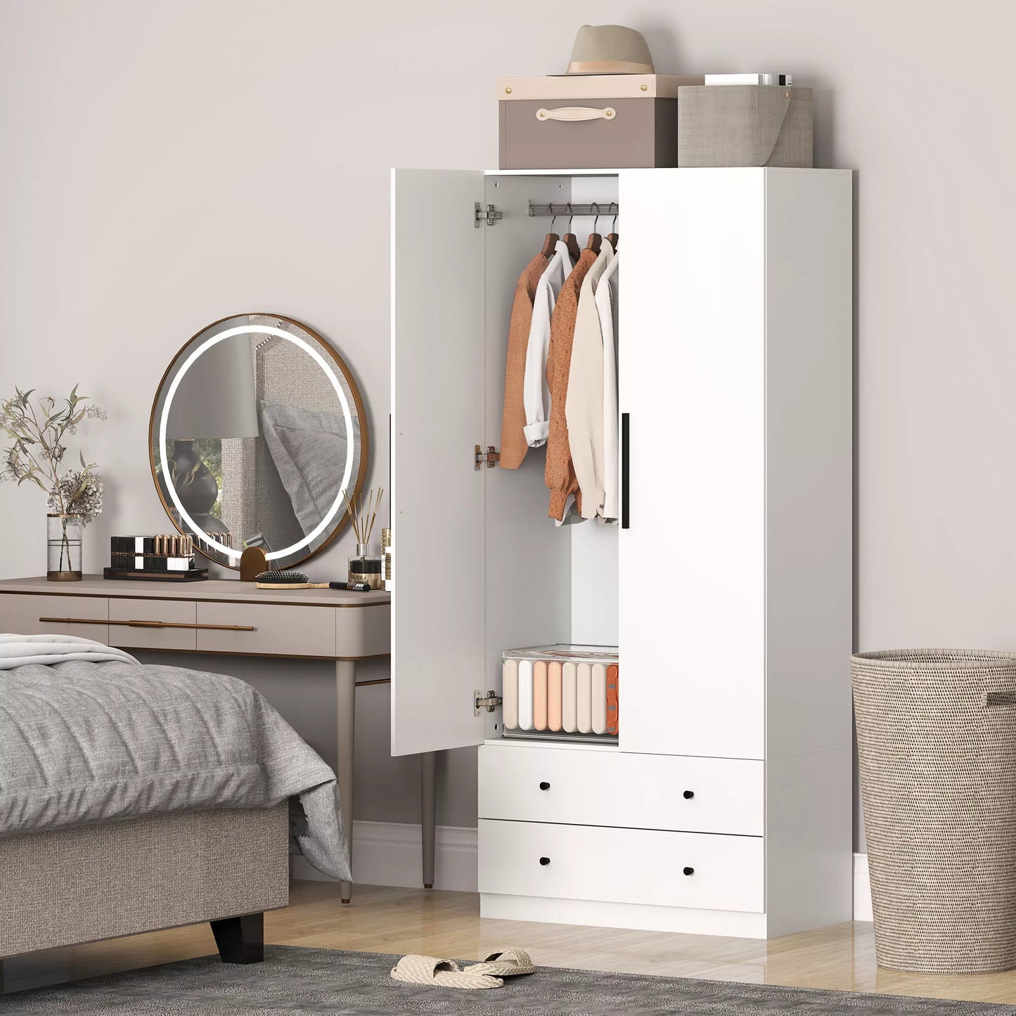 Drabužių spinta, 2 durys, pakabinama zona, drabužių kabykla, 2 stalčiai, medžio drožlių plokštė, balta