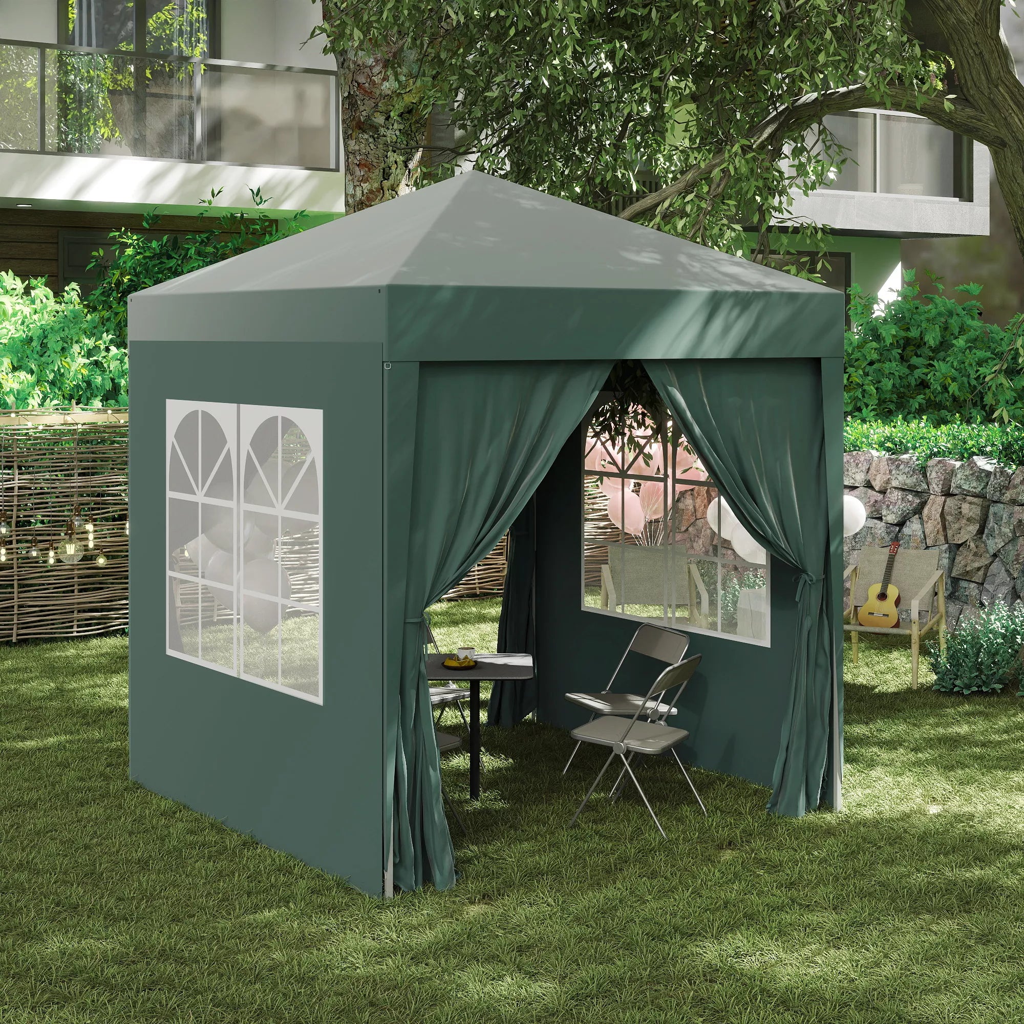 Sulankstomas paviljonas, alaus palapinė, 4 nuimamos šoninės sienos, 2 langai, metalinis rėmas, 2 x 2 m, tamsiai žalia
