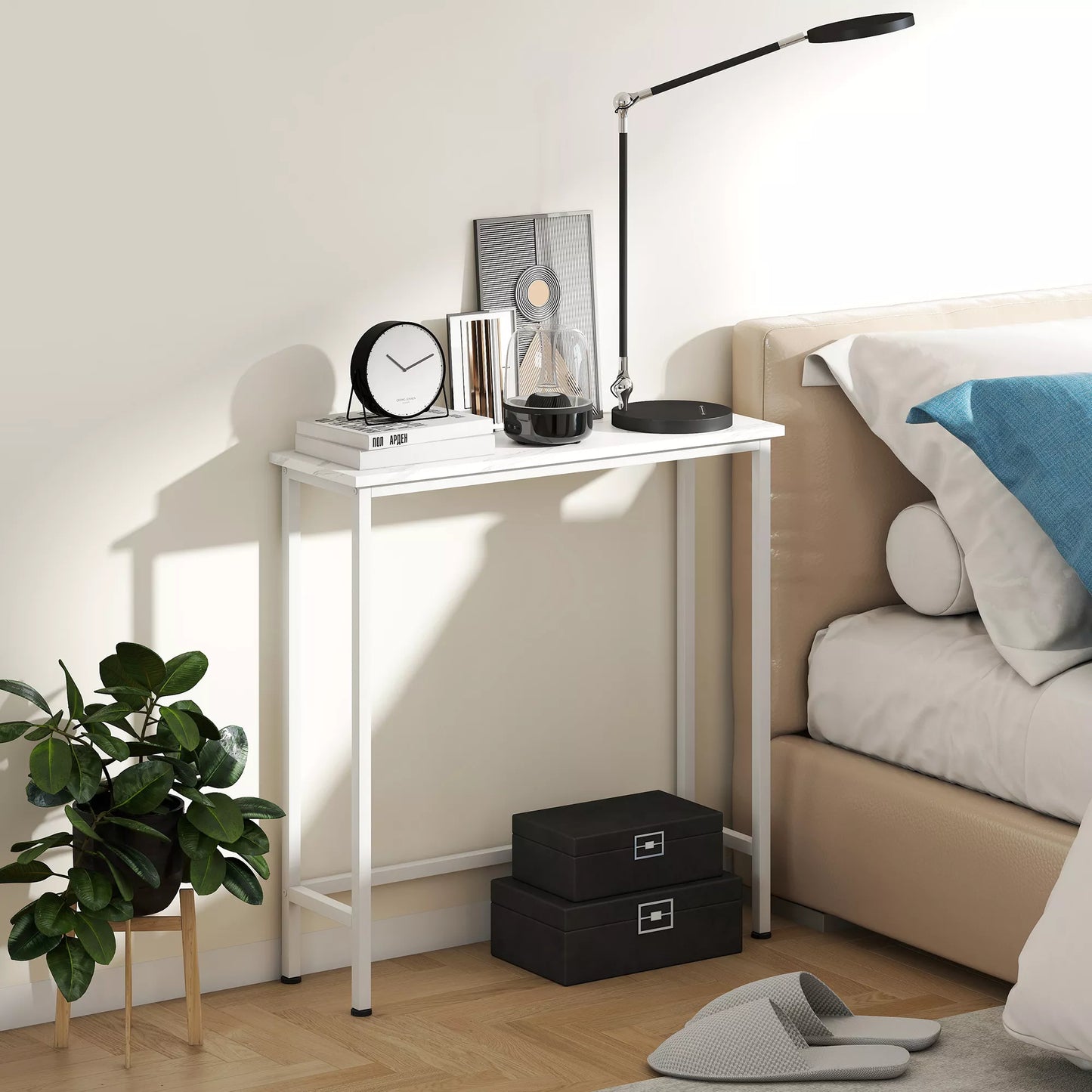 Konsolinis staliukas prieškambariui su reguliuojamais padukais, apsauga nuo apvirtimo, 75 x 24 x 76 cm, mažam kambariui, baltas