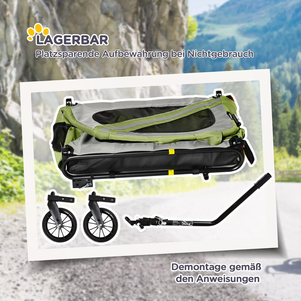 PawHut 2-in-1 šunų vežimėlis, šunų dviračio priekaba, sulankstomas, atsparus oro sąlygoms, šunims iki 20 kg, žalias
