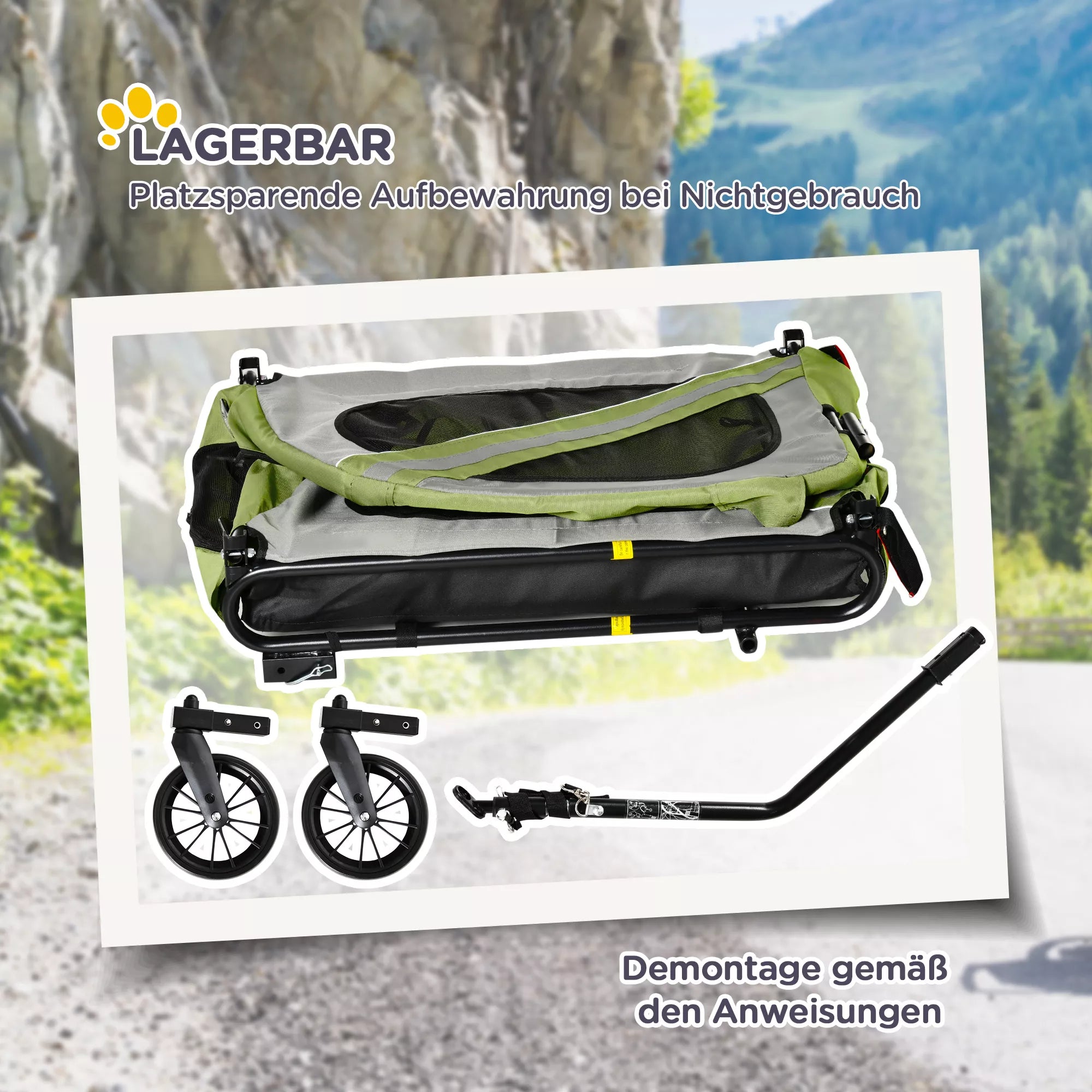 PawHut 2-in-1 šunų vežimėlis, šunų dviračio priekaba, sulankstomas, atsparus oro sąlygoms, šunims iki 20 kg, žalias