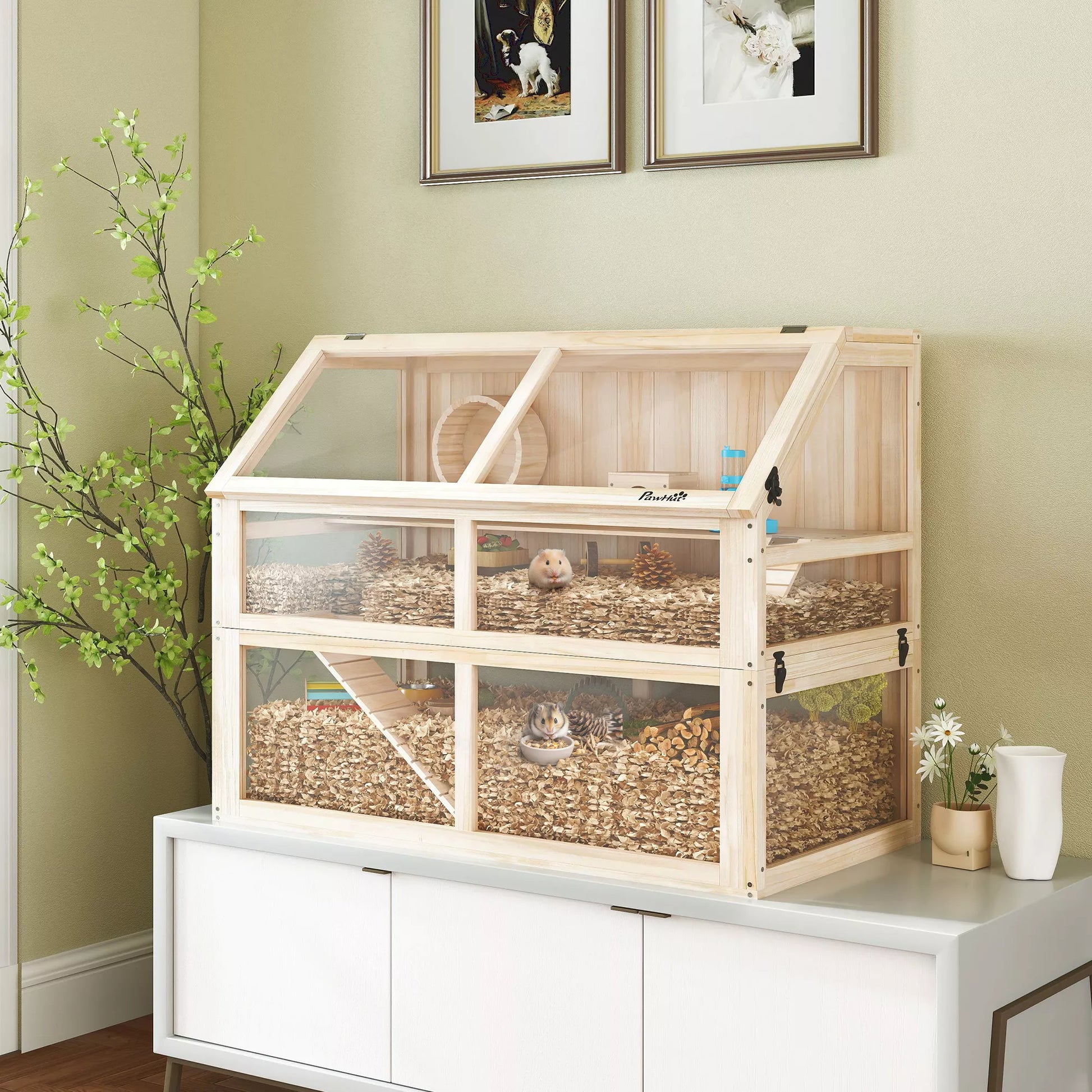 Medinis žiurkėno narvas, 3 aukštai, graužikų narvas, smulkių gyvūnų narvas su sūpuokle, bėgimo ratu, nameliu, 95 x 53 x 76 cm, natūralus medis