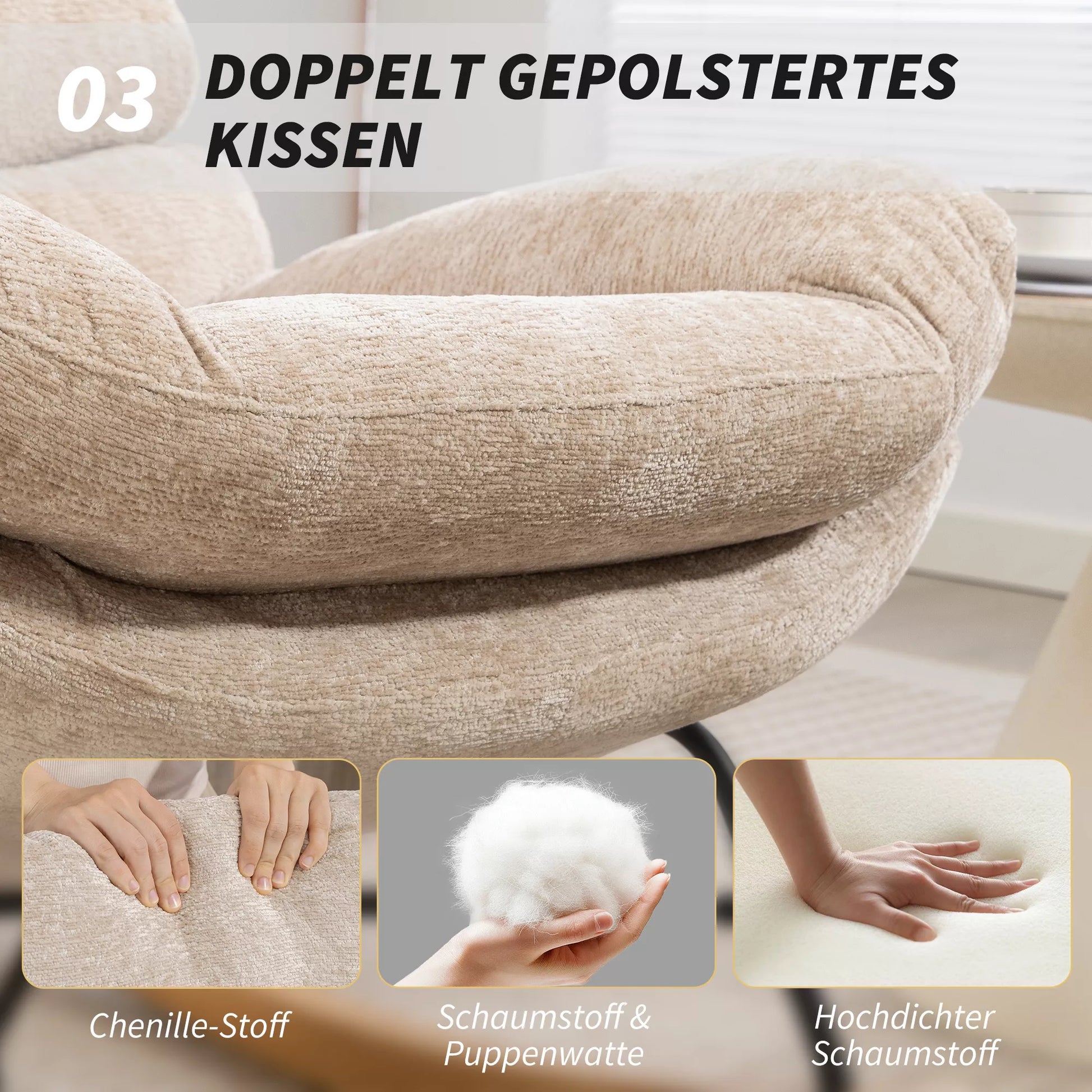 Minkštas supamasis krėslas su plieninėmis kojomis ir mediniais bėgeliais, kreminės baltos spalvos