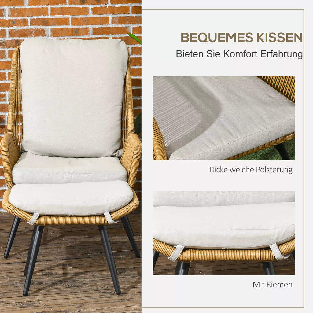 Polyrattan sodo kėdė ir taburetė, reguliuojamas atlošas, šviesiai ruda/pilka/juoda