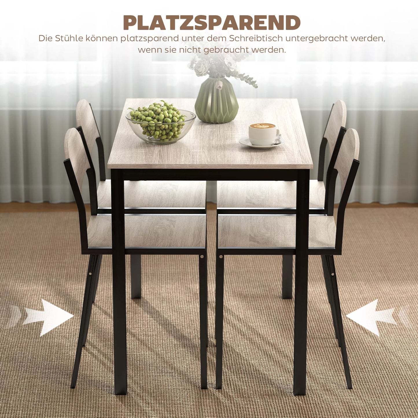 5 dalių valgomojo komplektas, valgomasis stalas su 4 kėdėmis, erdvę taupantis virtuvės stalo komplektas, sėdimoji grupė valgomajam, virtuvei, juodas