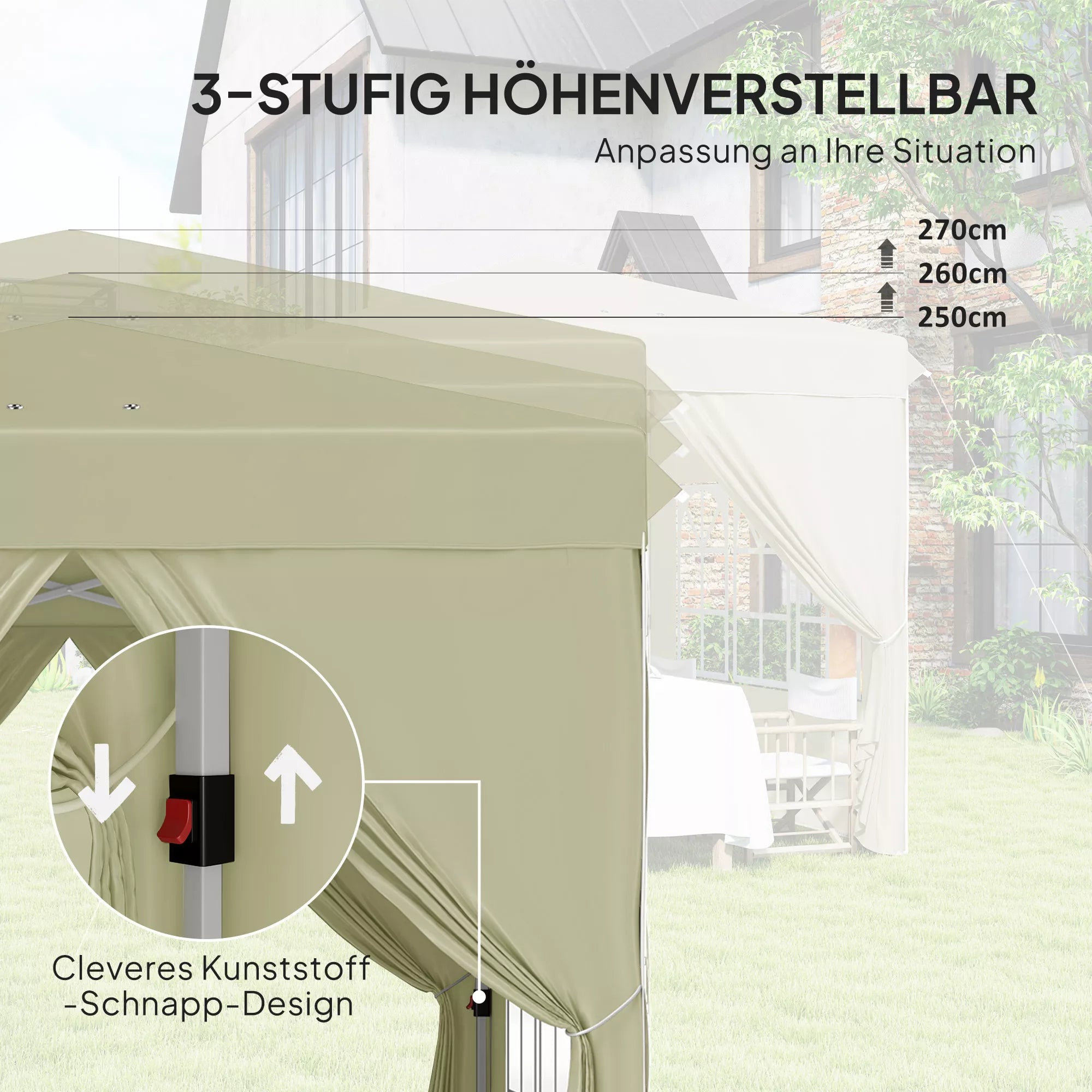 2,5 x 2,5 m Pop-up paviljono su šoninemis sienelėmis ir nešiojimo krepšiu, UPF50+ reguliuojamo aukščio sodo palapinė, kreminės baltos spalvos