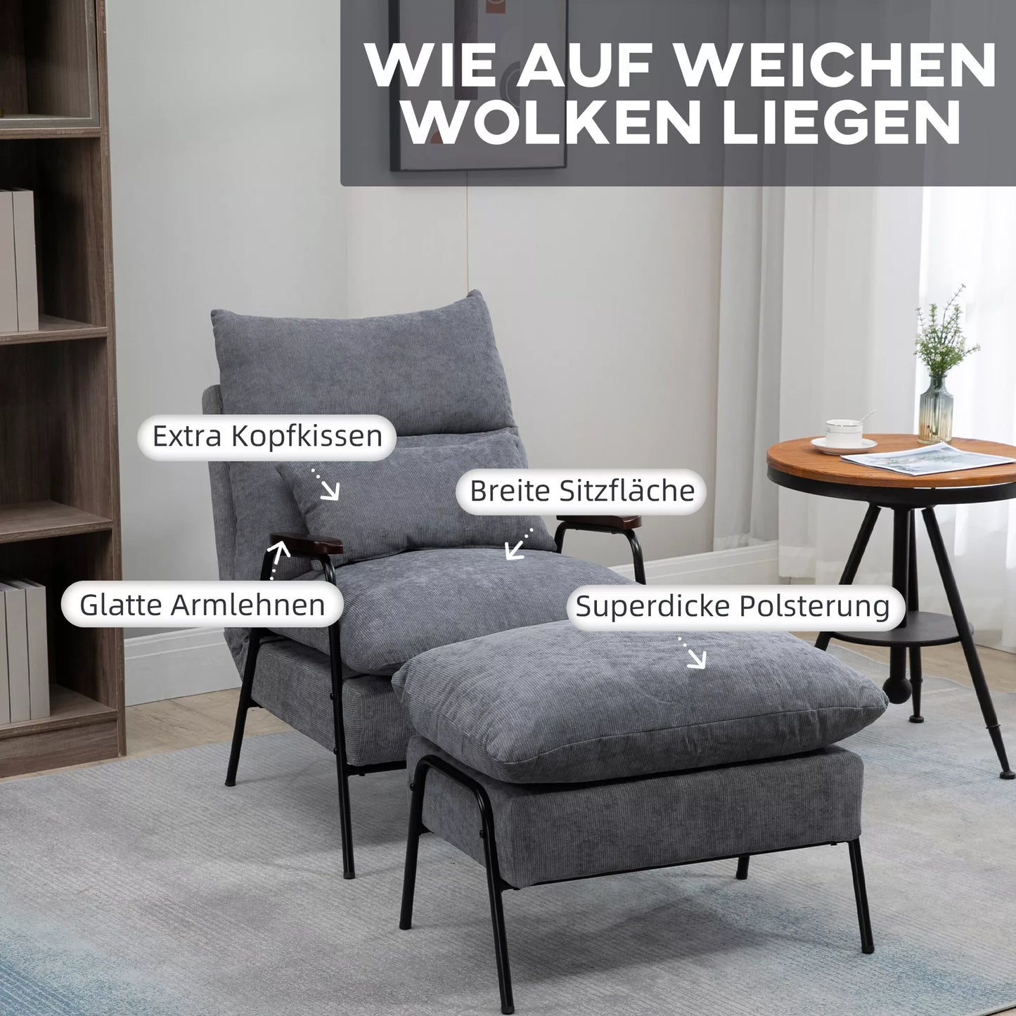 Fotelis su pakoja, minkštas fotelis, poilsio fotelis, su pagalvėle, 68 cm x 91,5 cm x 88 cm, šviesiai pilkos spalvos