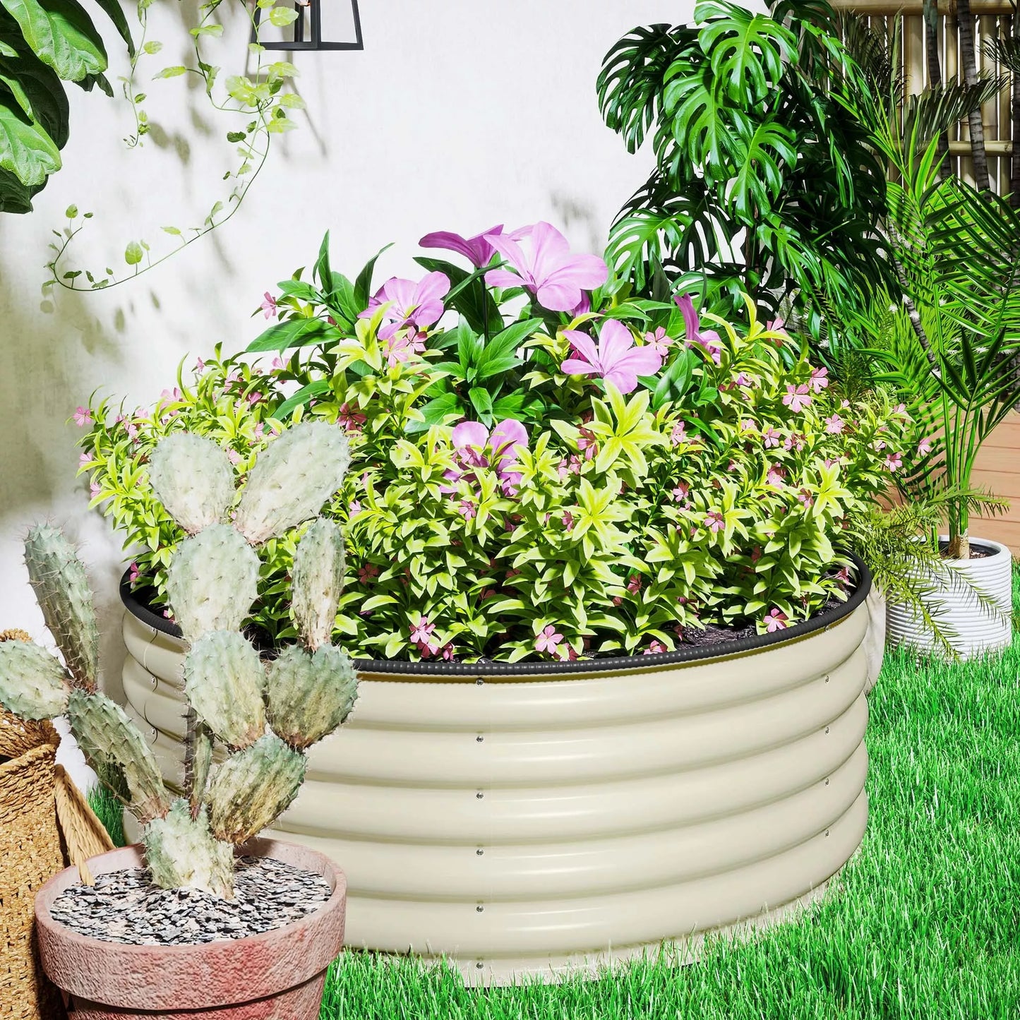 Paaukštinta lysvė, cinkuotas sodinimo vazonas su apsauginiu kraštu, sodinimo dėžė atviru dugnu, 120 x 120 x 43 cm, kremas