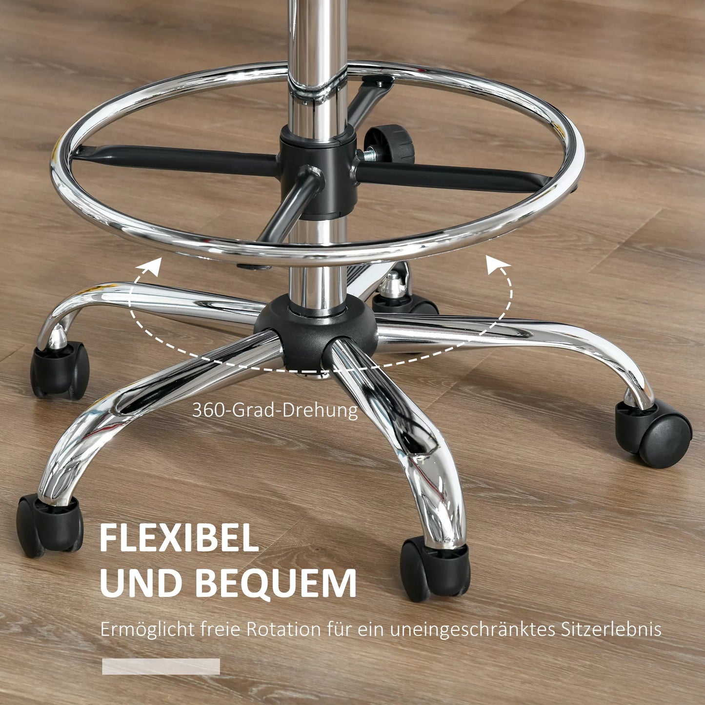 Aukščio reguliavimo baro kėdė su ratukais, 360° pasukama, su atlošu, paminkštinta, iš dirbtinės odos, smėlio spalvos 56 x 57 x 104-127 cm