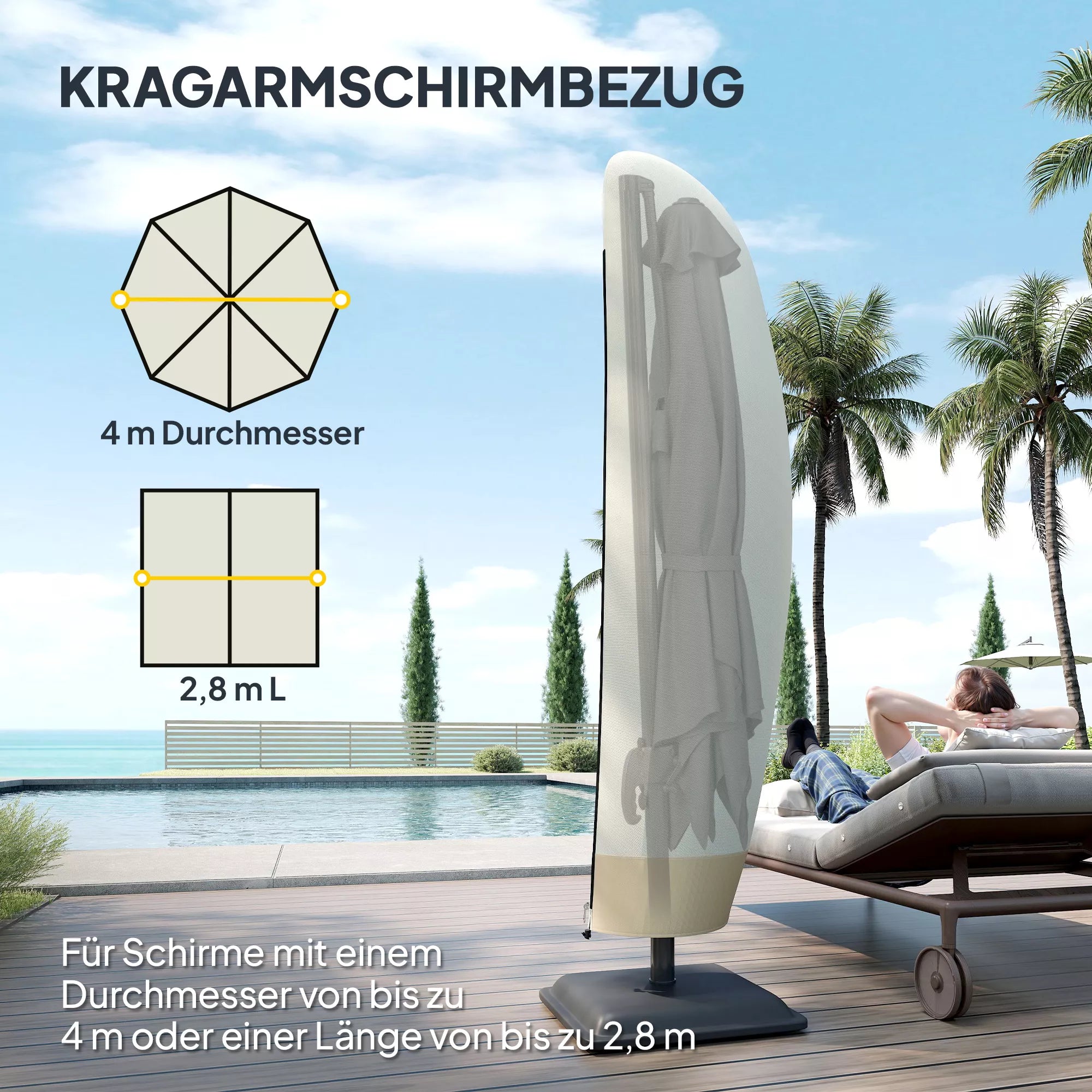 Apsauginė skėčio nuo saulės danga Ø 400 cm, atspari vandeniui, apsauganti nuo oro sąlygų, su stulpu, užtrauktuku, raišteliu, Oksfordo audiniu, UV spinduliams atspari atverčiama skėčio nuo saulės danga 220 × 56 cm, smėlio spalvos