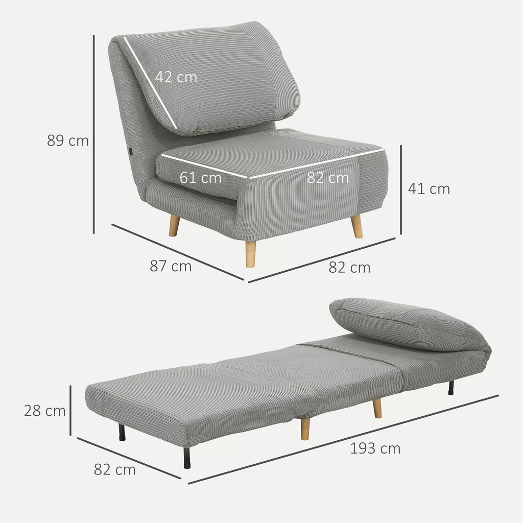 2-in-1 miegamasis fotelis Svečių lova, reguliuojamas  galvos atlošas Cord-Optik 82 cm x 87 cm x 89 cm Pilka