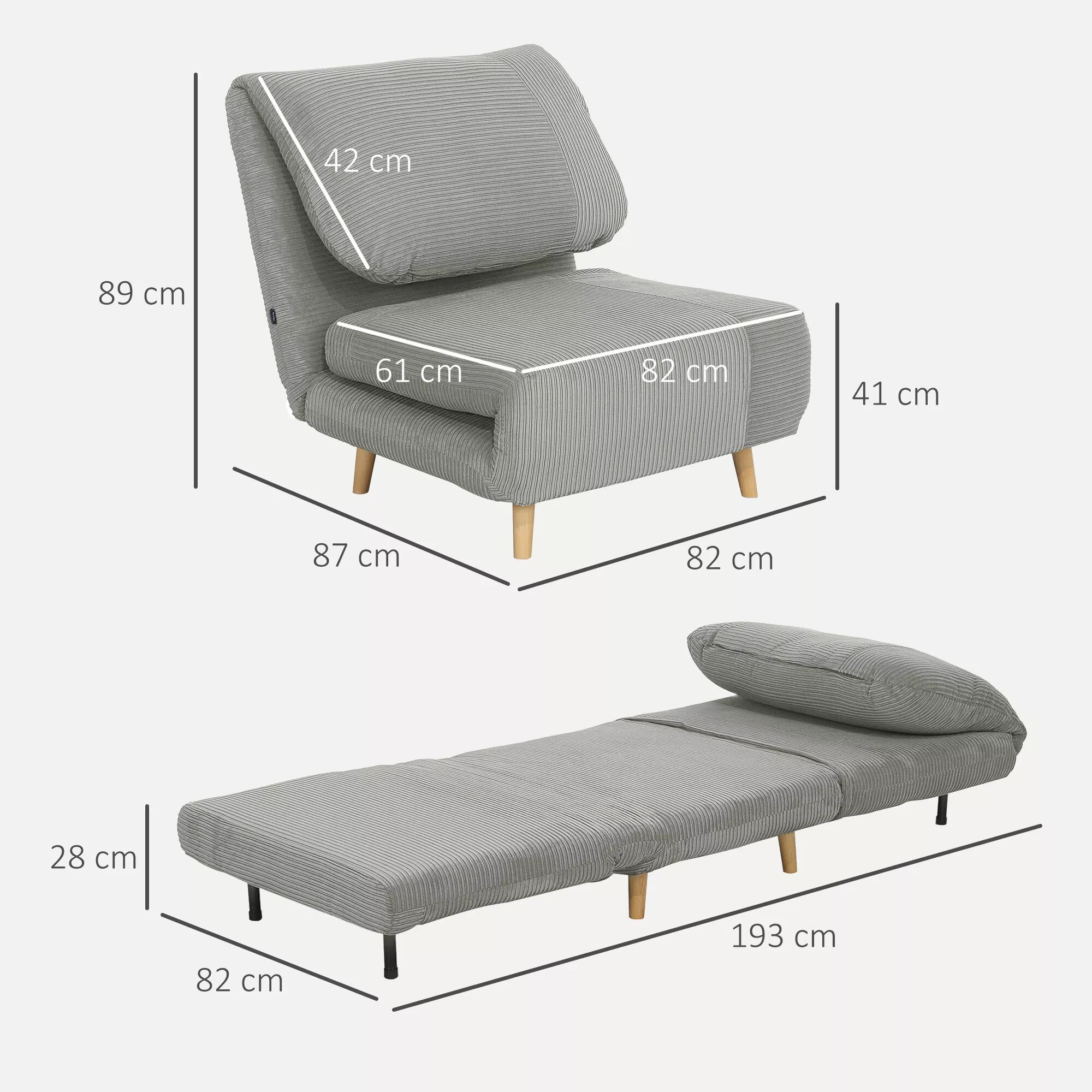 2-in-1 miegamasis fotelis Svečių lova, reguliuojamas  galvos atlošas Cord-Optik 82 cm x 87 cm x 89 cm Pilka