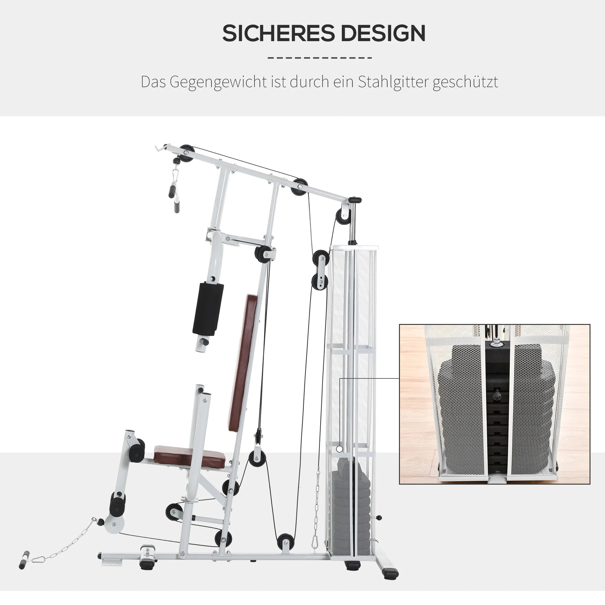 Sporto salės treniruoklis, daugiafunkcinis treniruoklis, jėgos stotis su svoriais, viršutinio traukimo ir kojų lenkimo funkcijos, metalas, PU dirbtinė oda, baltos spalvos, 150 x 110 x 210 cm