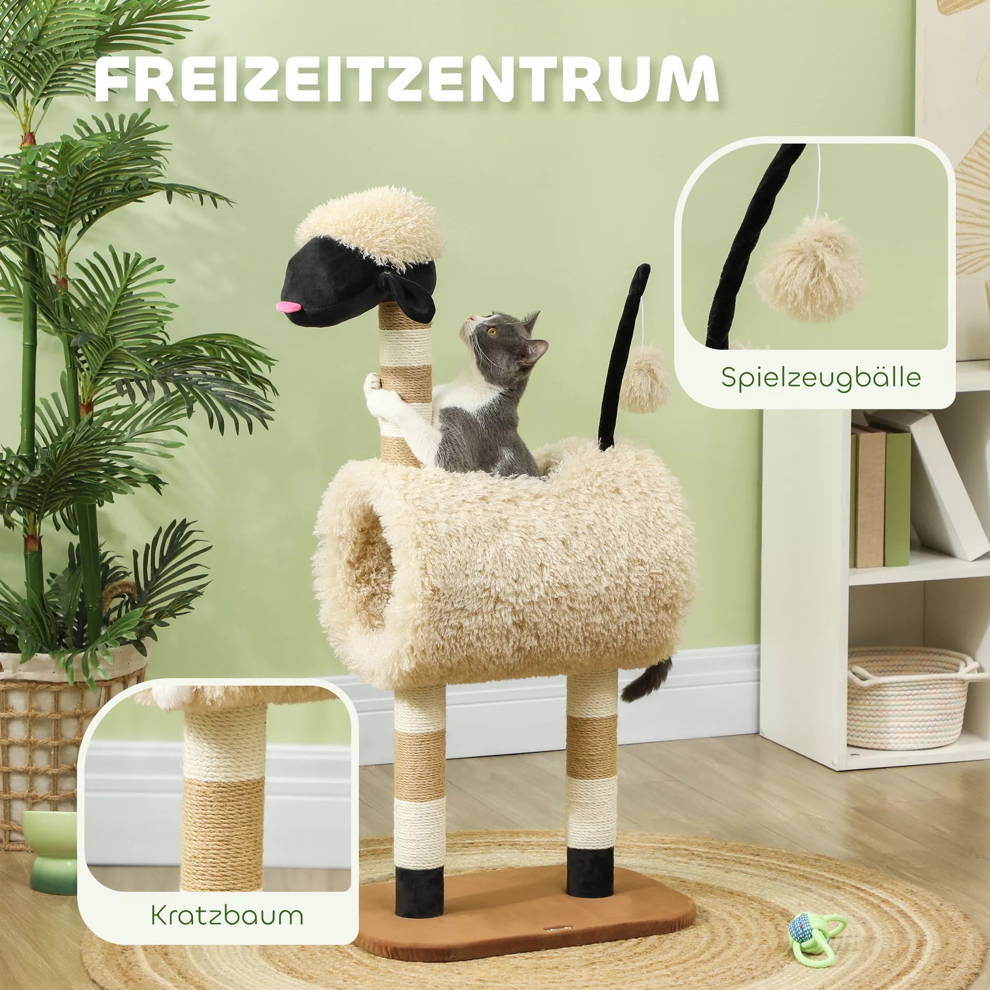 Kačių draskyklė avytės dizaino su tuneliu, 98 cm, ruda