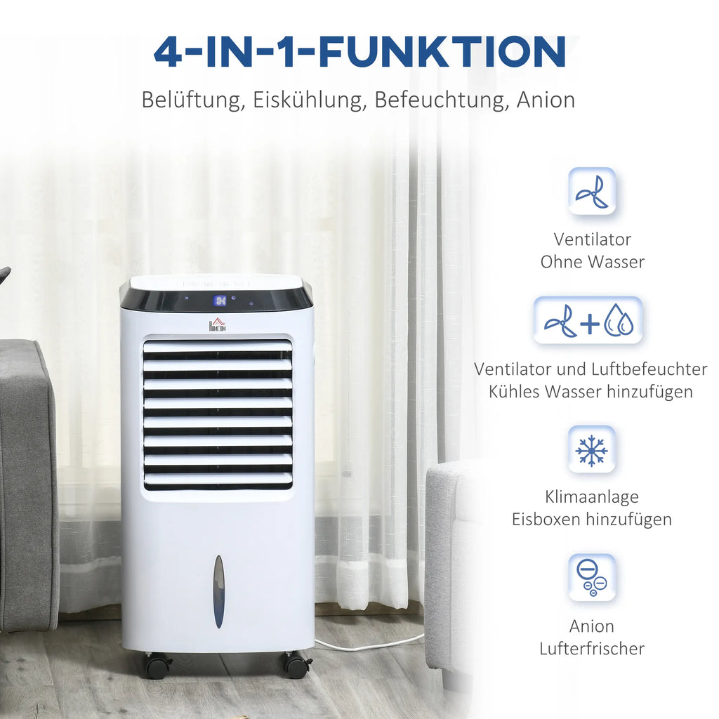 10L 4 in 1 mobilus oro kondicionierius su oro drėkinimu, vandens aušinimu, oro aušintuvu, 8 val. laikmačiu, nuotolinio valdymo pultu, naudojimo plotas 20 m², 60 W, ABS, balta + juoda, 38,2 x 31,6 x 76 cm