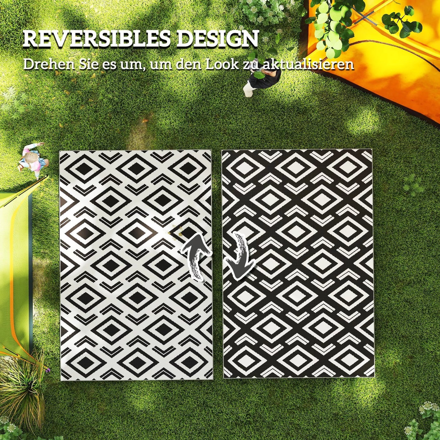 Tvirtas, atsparus oro sąlygoms lauko kilimas su nešiojimo krepšiu, sulankstomas, Boho stiliaus 182 x 274 cm, juodai baltas