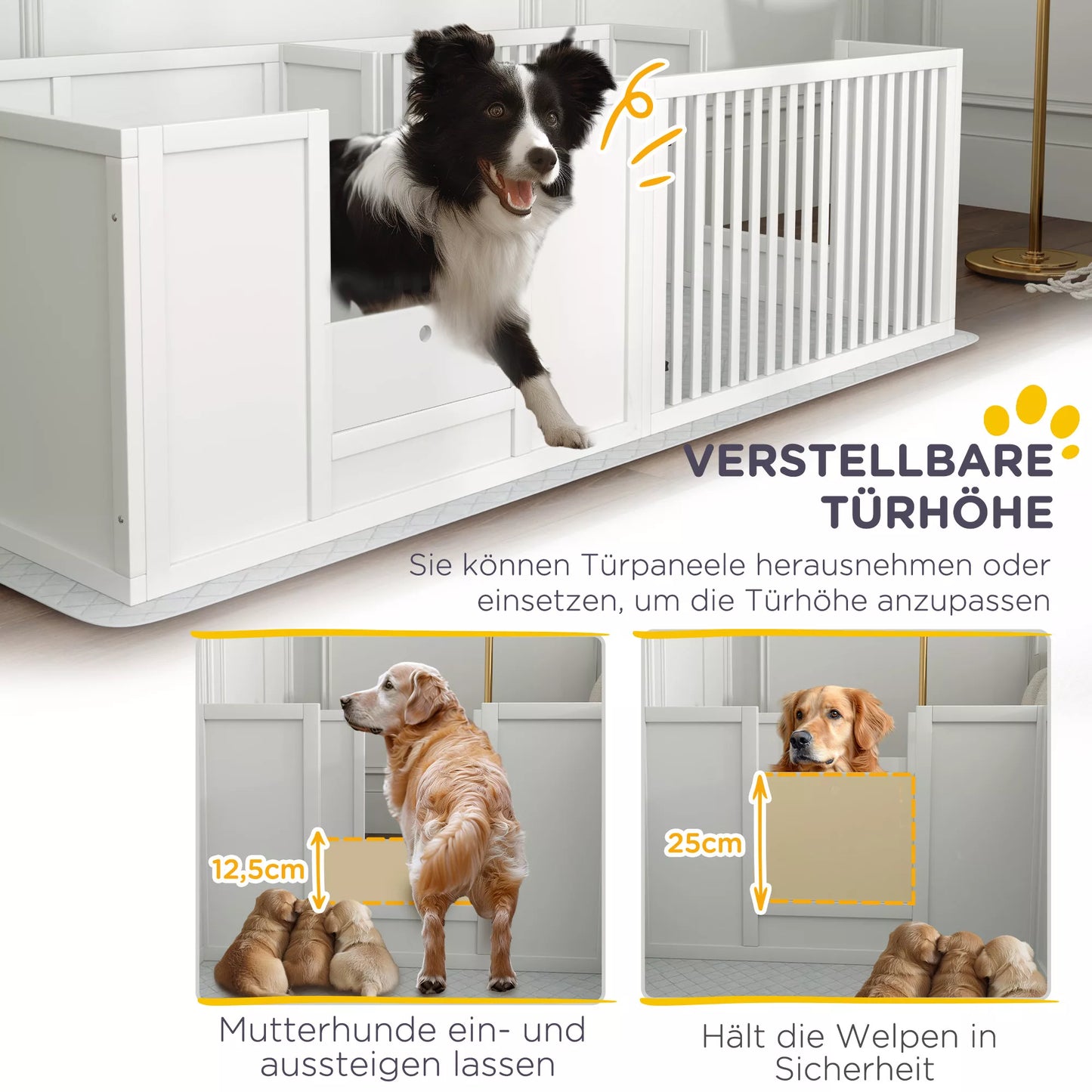 Šuniukų veisimo dėžė, su pagrindu, lengvai valoma, medinė, 166x80x50 cm, balta