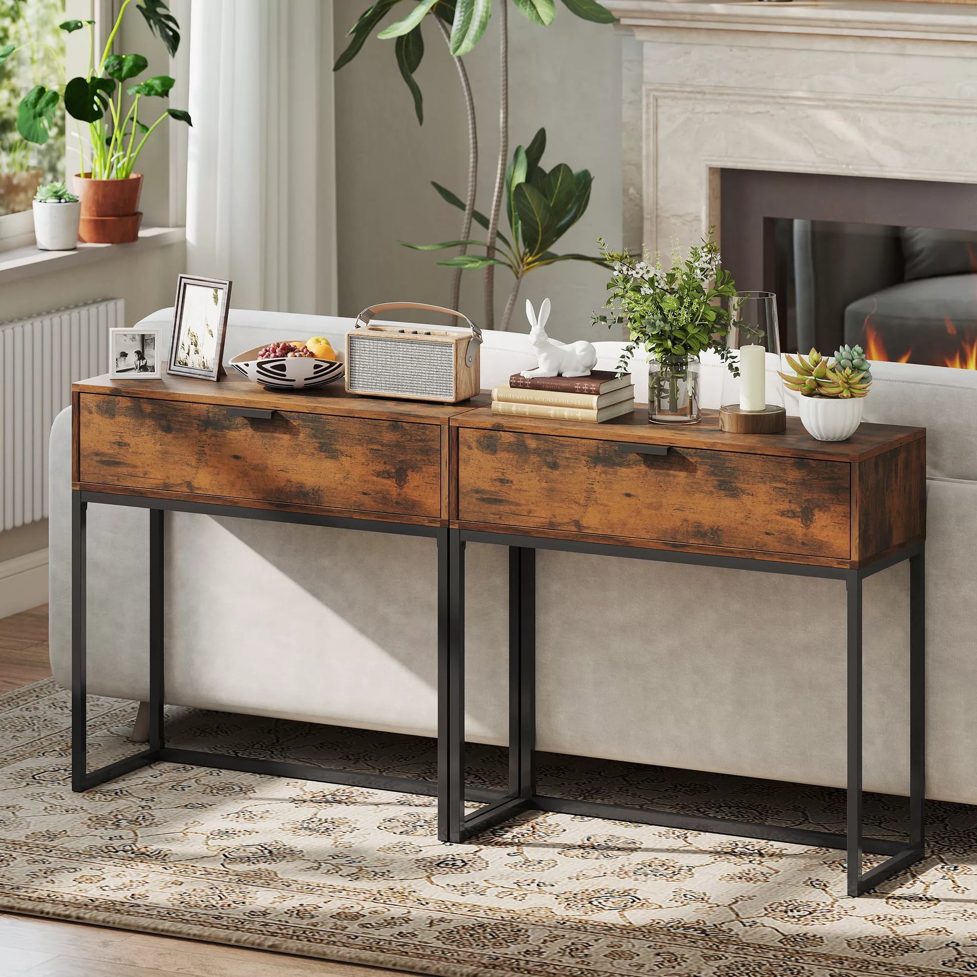 Konsolė, prieškambario stalas su stalčiu, pramoninis dizainas, prieškambario svetainė, 80x30x76 cm, juoda