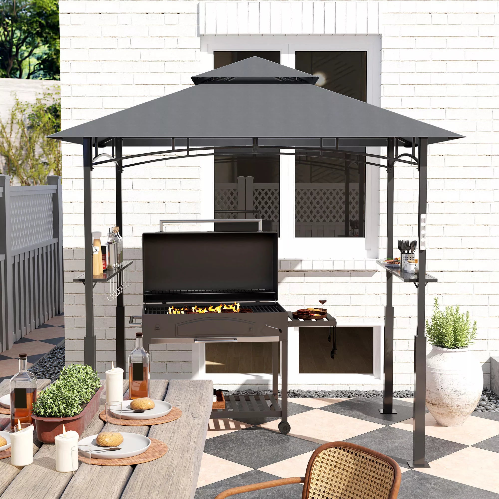 Grill paviljonas, sodo grilio palapinė su prieskonių lentynomis, LED apšvietimas, metalas, plastikas, 243L x 148B x 248H cm, pilkos spalvos
