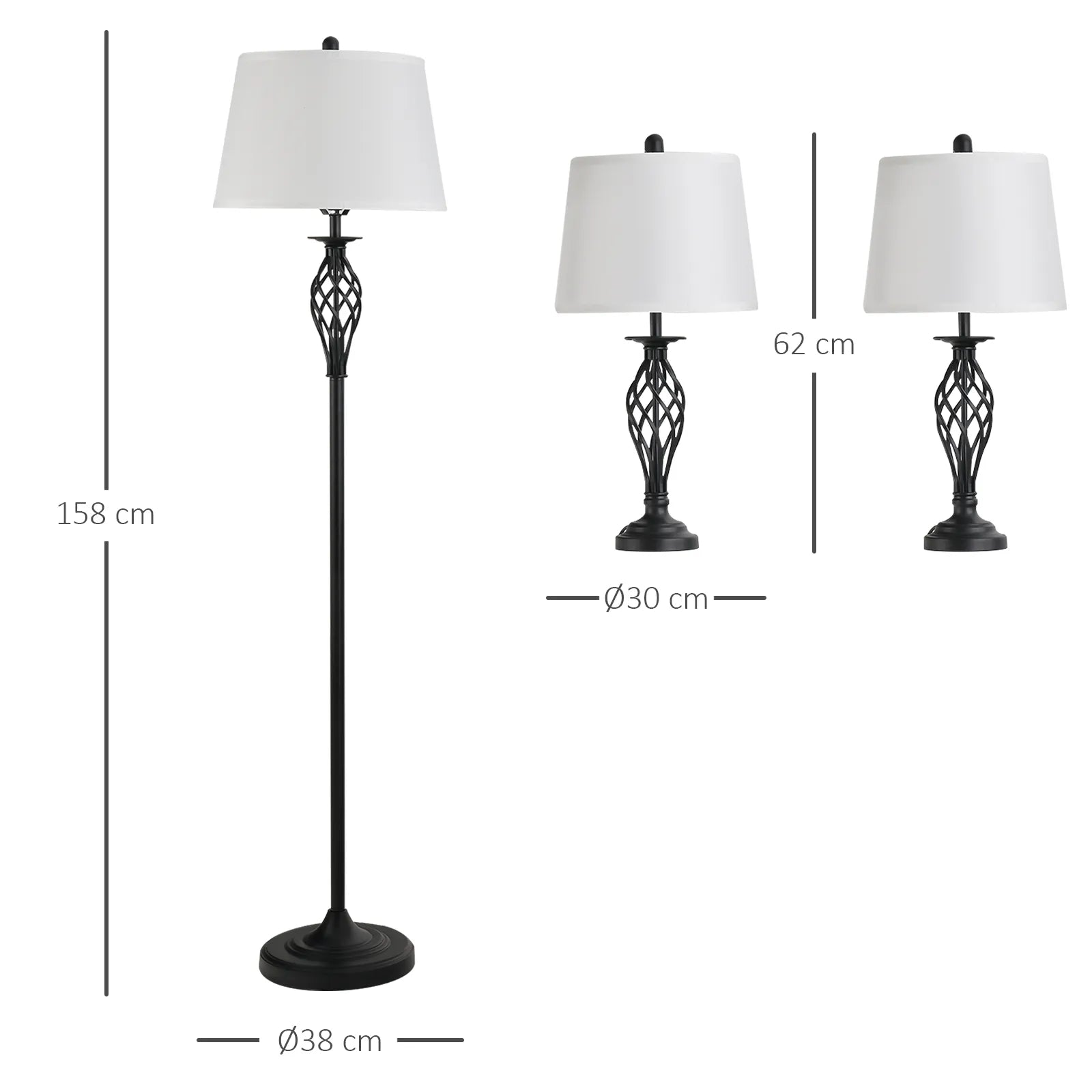 Infografika: grindinio šviestuvo matmenys 158 cm aukštis, 38 cm pagrindas; staliniai 62 cm