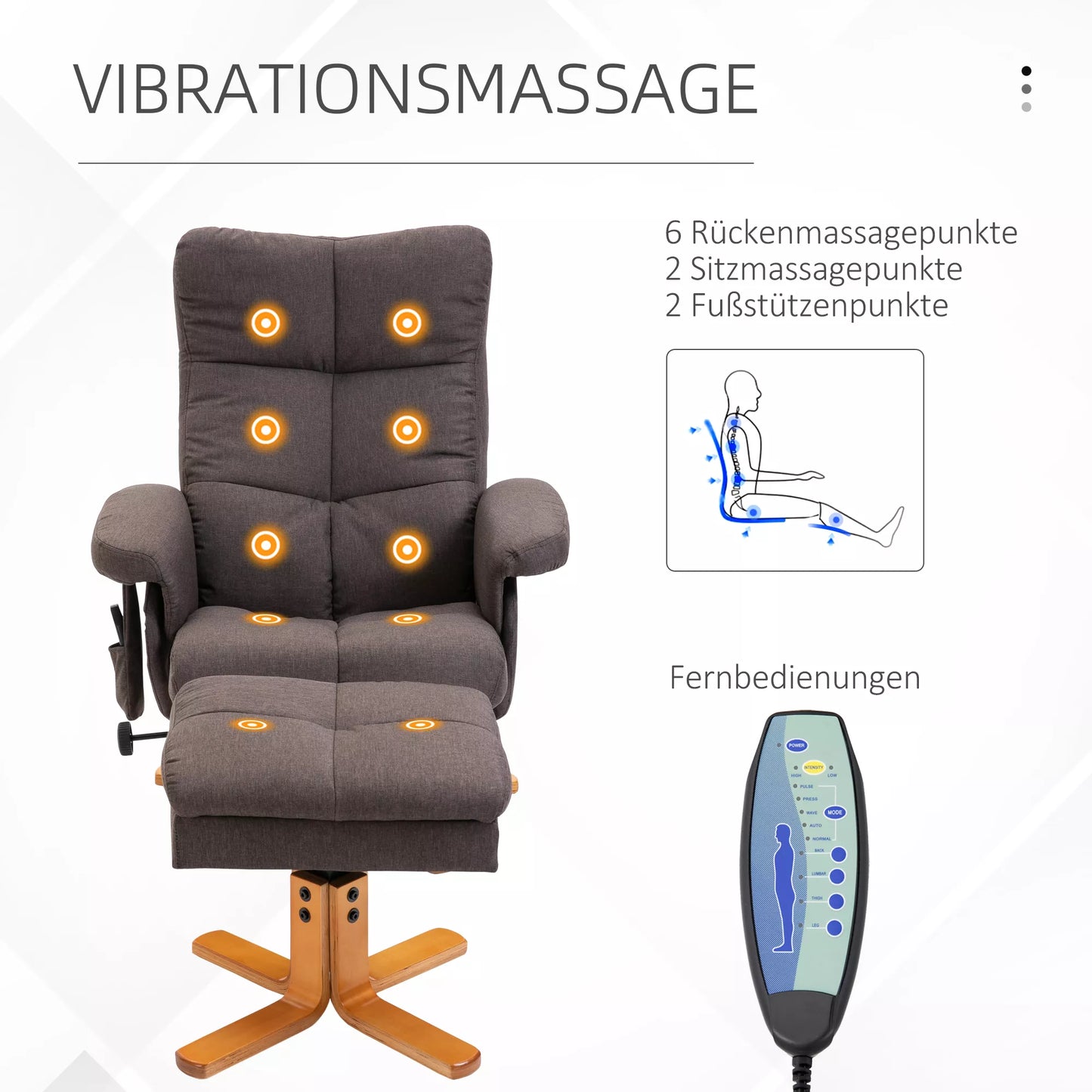 Elektrinis relaksinis masažinis krėslas su pakoja, laikymo erdve, gulėjimo funkcija, besisukantis TV krėslas su šonine kišene, nuotolinio valdymo pultelis, medinis rėmas, poliesteris, rudas