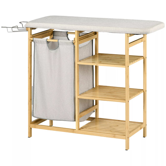 Daugiafunkcis skalbinių surinkėjas su lygintu ir 57L audinio maišu, bambuko rėmas, 113x34x82cm, natūralus/pilkas
