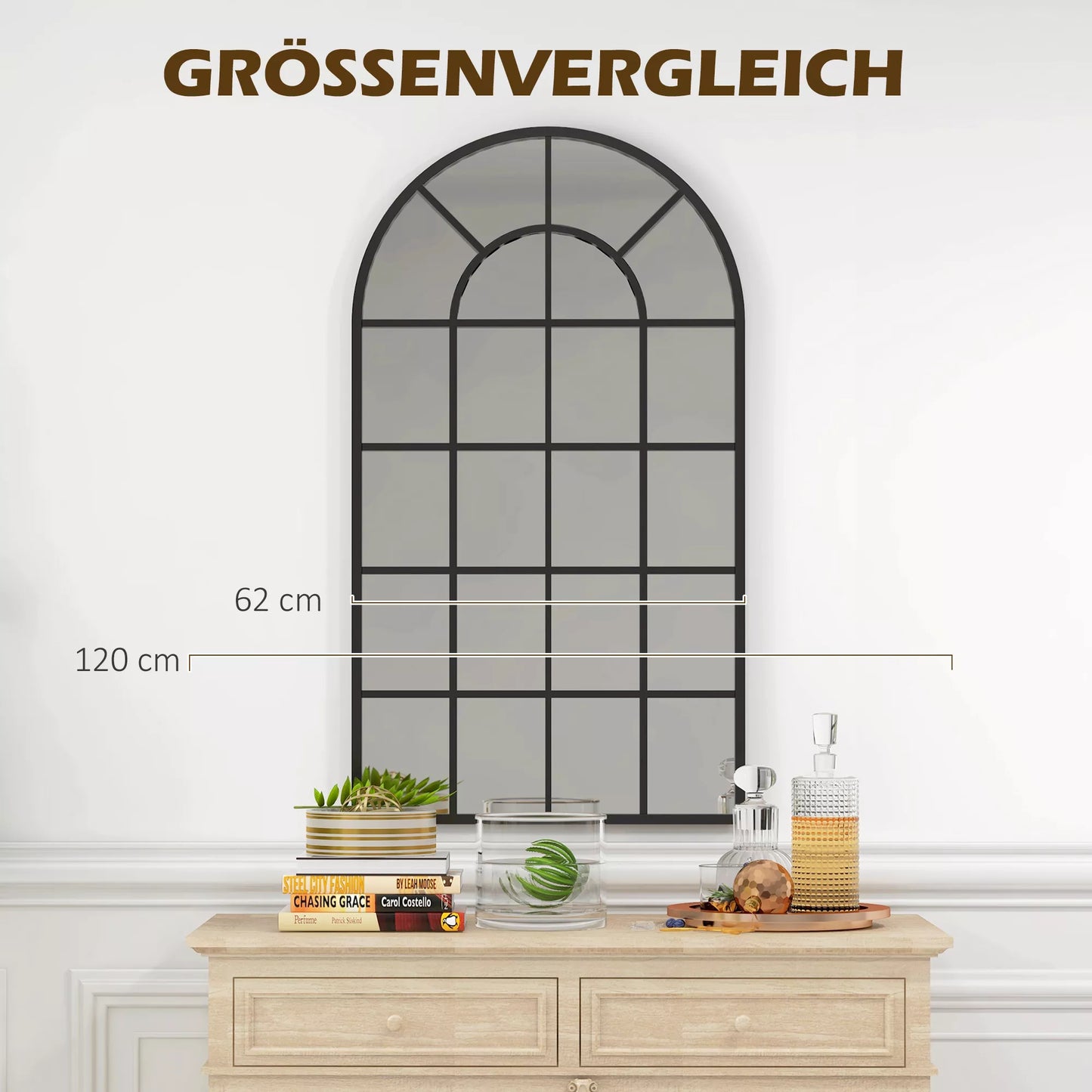 Dekoratyvinis veidrodis didelis, langų dizaino, arkos formos, su pakabinimo sistema. Juodas + veidrodinis stiklas