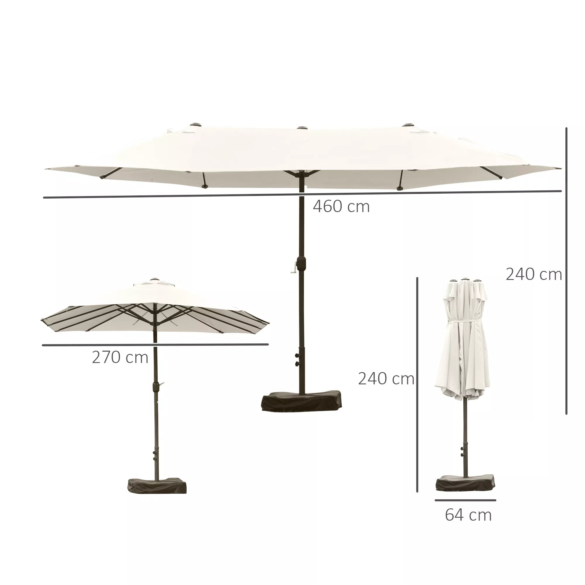 Saulės skėtis Sodo skėtis Turgaus skėtis Dvigubas saulės skėtis Terasos skėtis su skėčio stovu Rankine Cremeweiß Oval 460 x 270 x 240 cm
