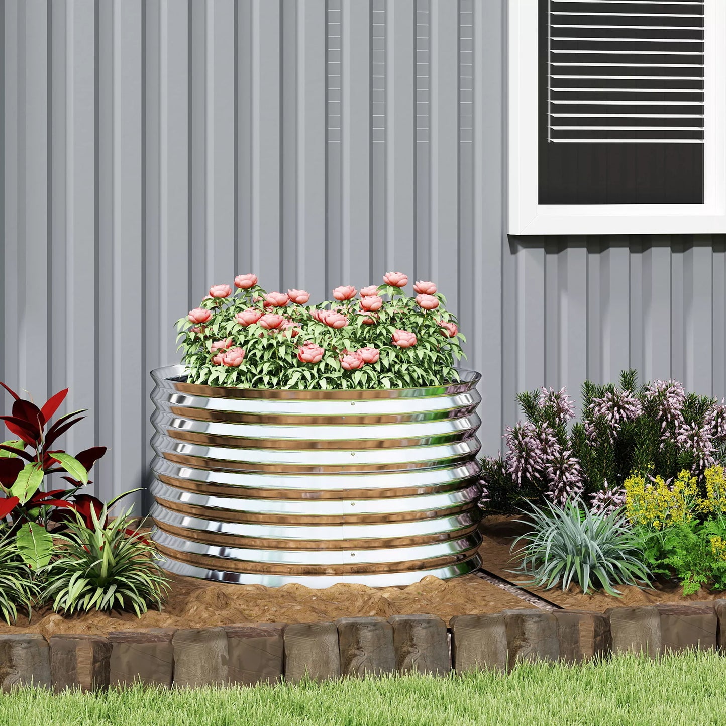 Gėlių vazonas, metalinis gėlių vazonas su apsauginiu kraštu ir pirštinėmis, atviras dugnas, 160P x 80G x 56A cm, pilkos spalvos