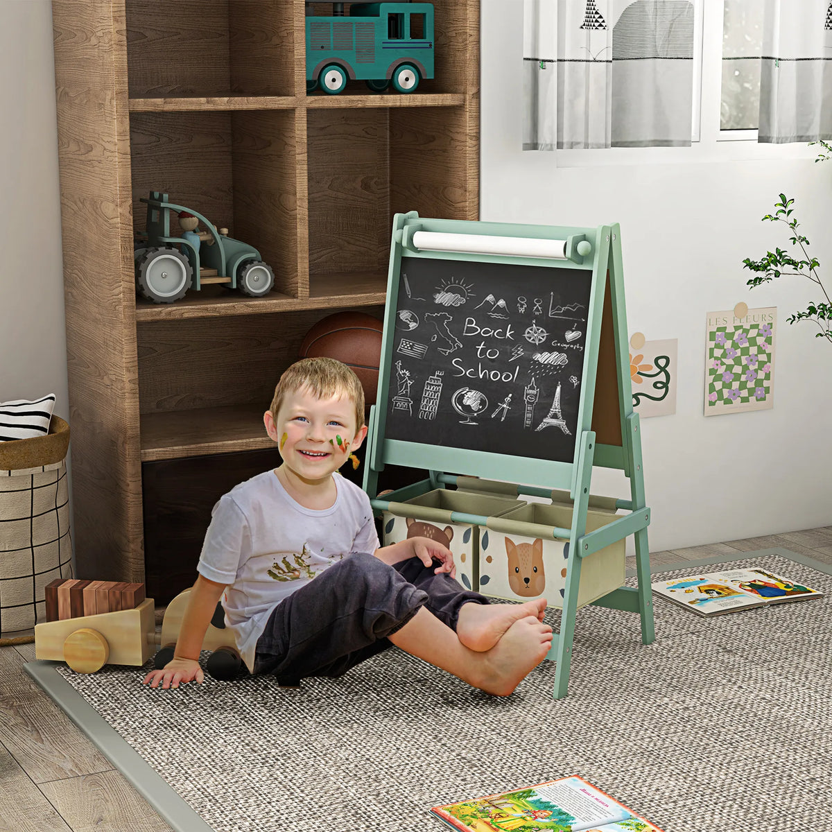Dailės lenta vaikams 3-in-1 su krepšiais, 3-8 metų, žalia