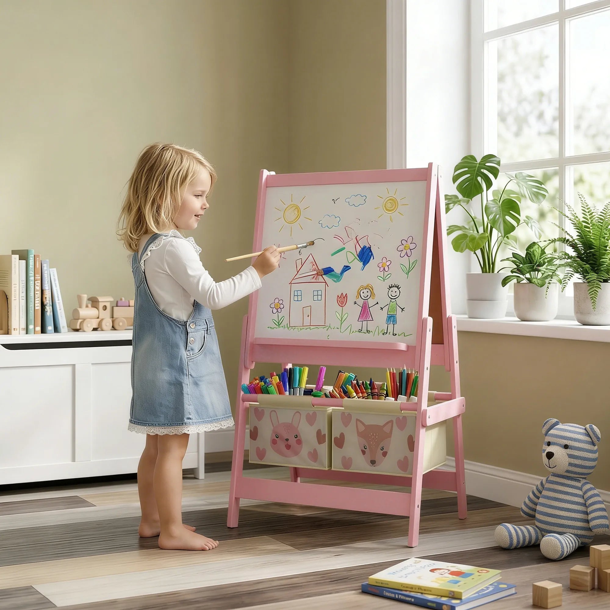 Dailės stovas 3-in-1 su krepšiais 3-8 metų vaikams, rožinis