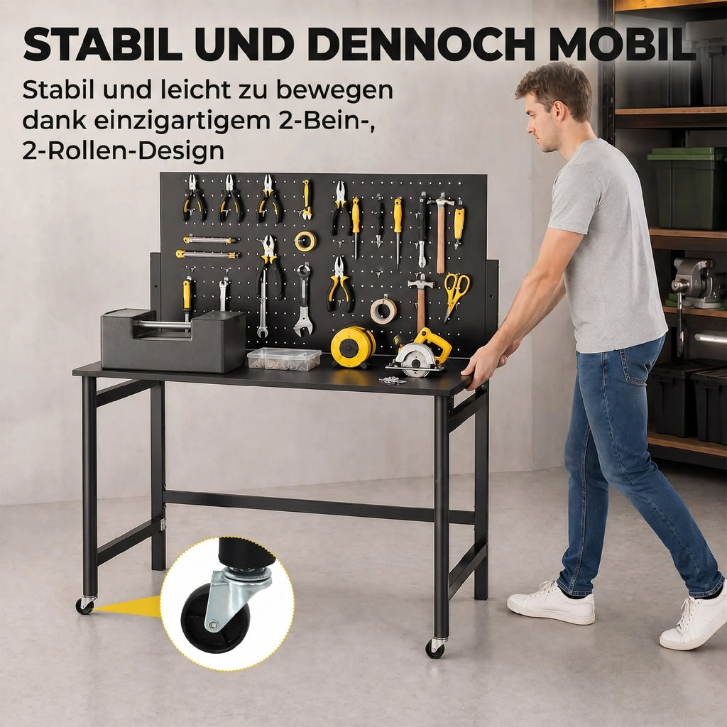 Darbastalis su perforuota sienele, sulankstomas, mobilus, juodas
