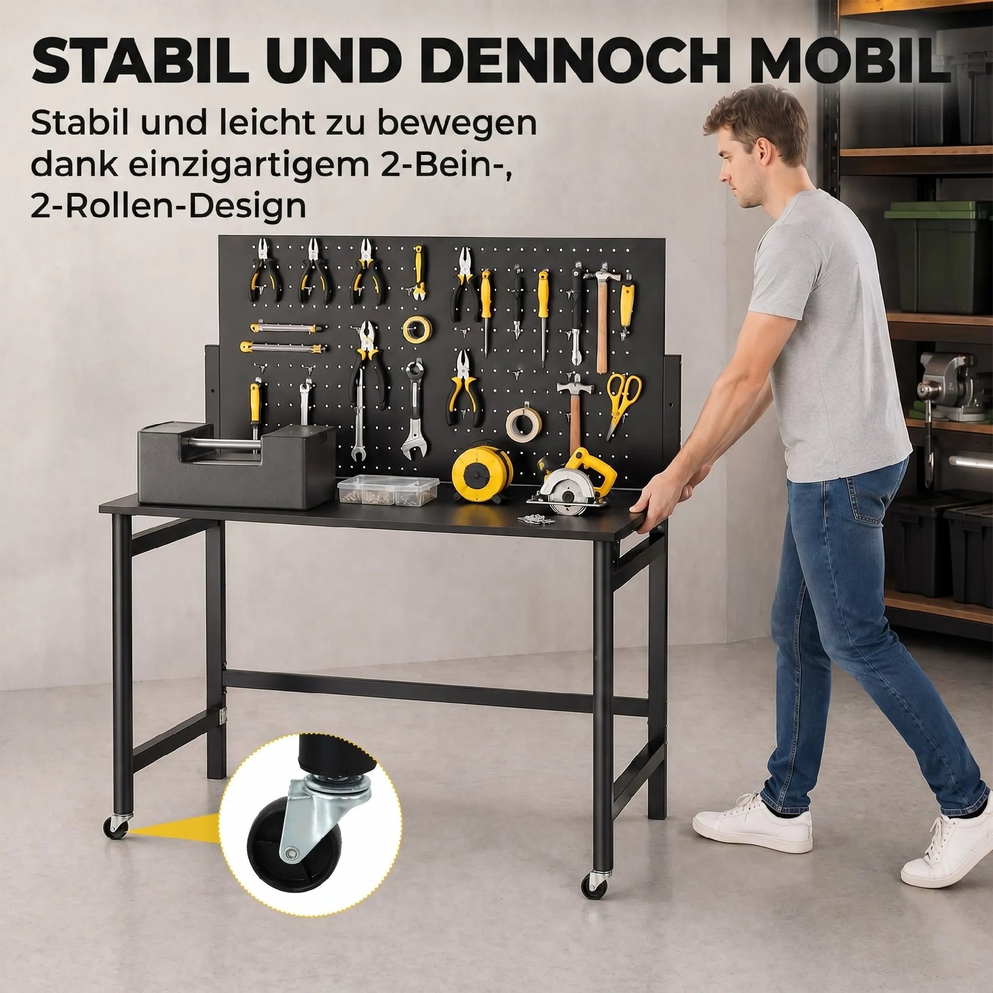 Darbastalis su perforuota sienele, sulankstomas, mobilus, juodas