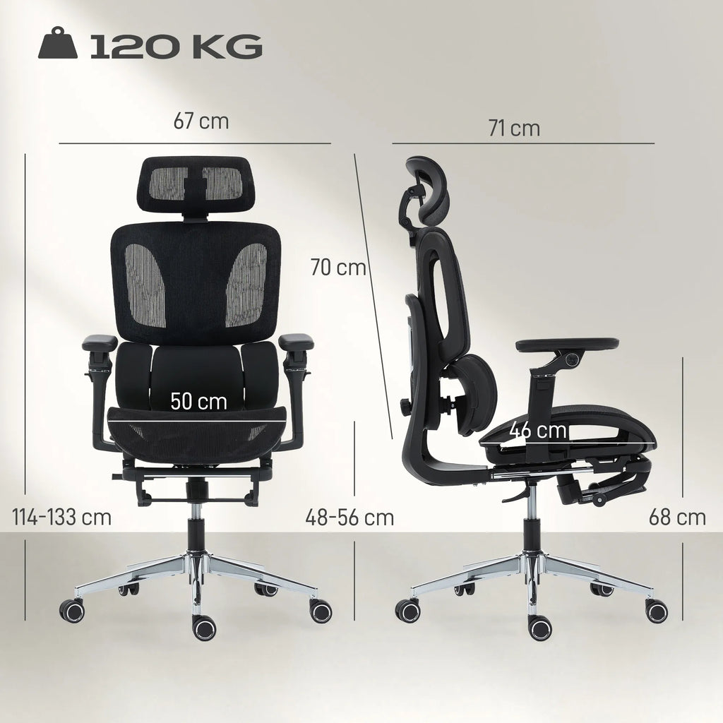 Darbo kėdė ergonomiška su atrama kojoms iki 120 kg, juoda