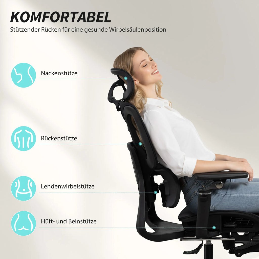 Darbo kėdė ergonomiška su atrama kojoms iki 120 kg, juoda