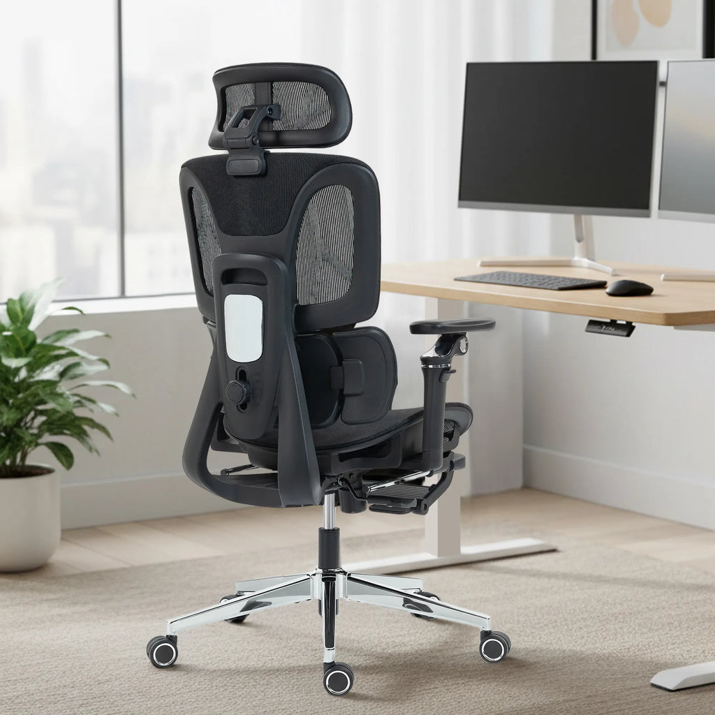 Darbo kėdė ergonomiška su atrama kojoms iki 120 kg, juoda
