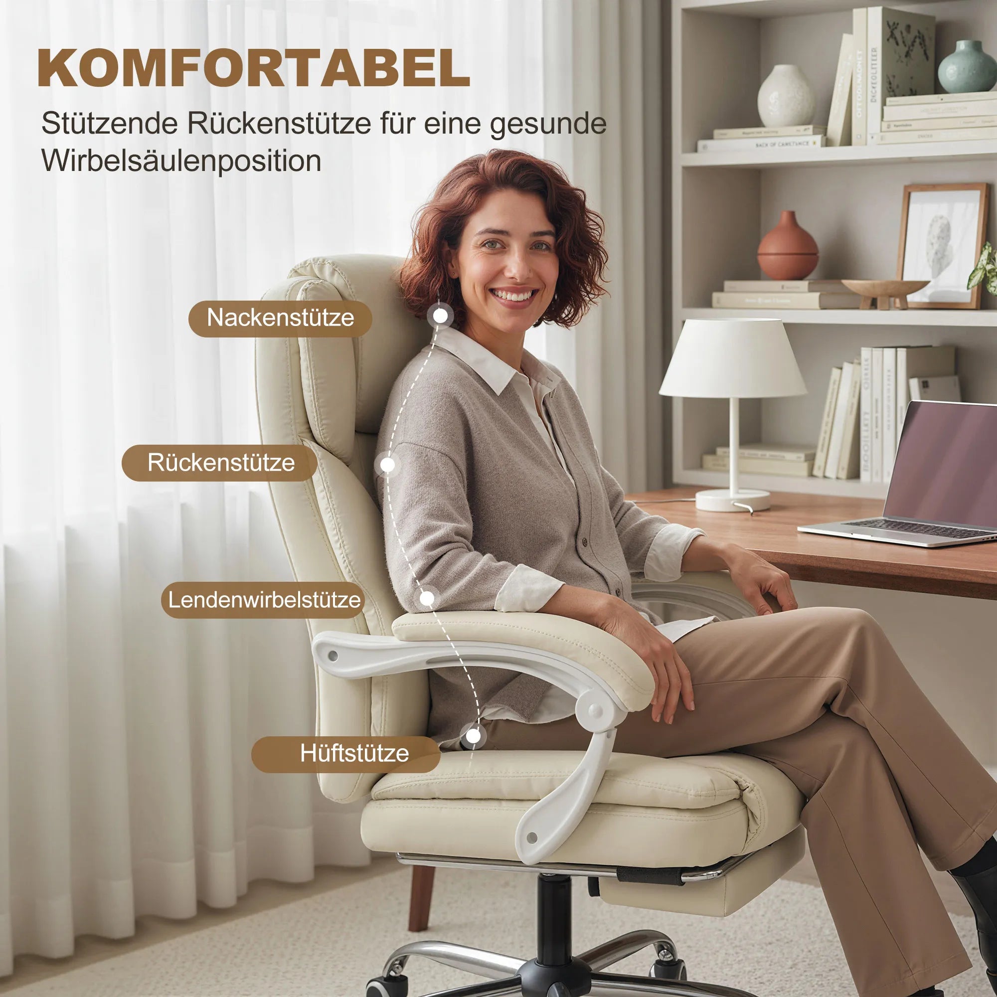 Darbo kėdė su atlošiama funkcija ir kojų atrama, iki 120 kg, smėlio spalvos
