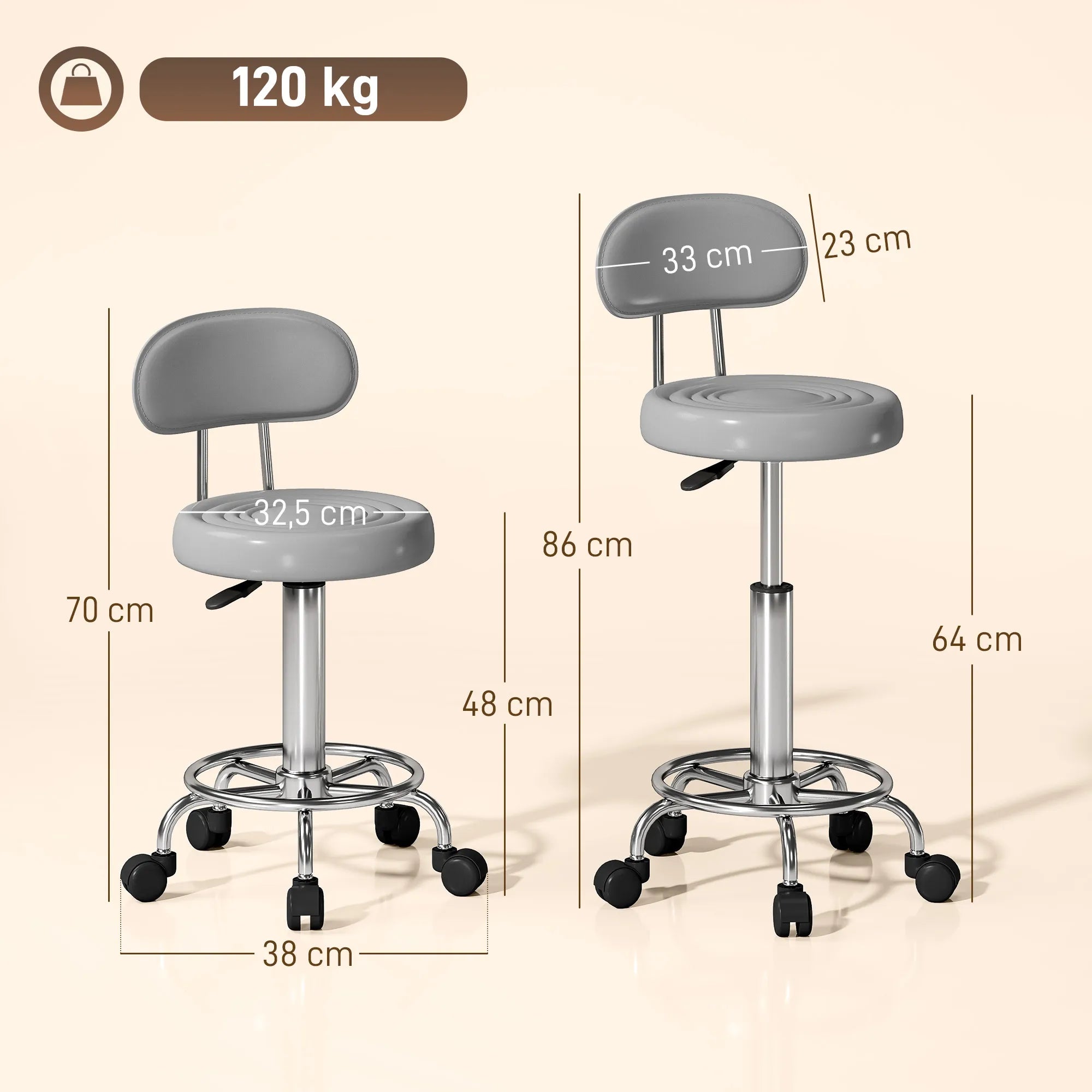 Darbo kėdė su ratukais, reguliuojamo aukščio, pilka, iki 120 kg